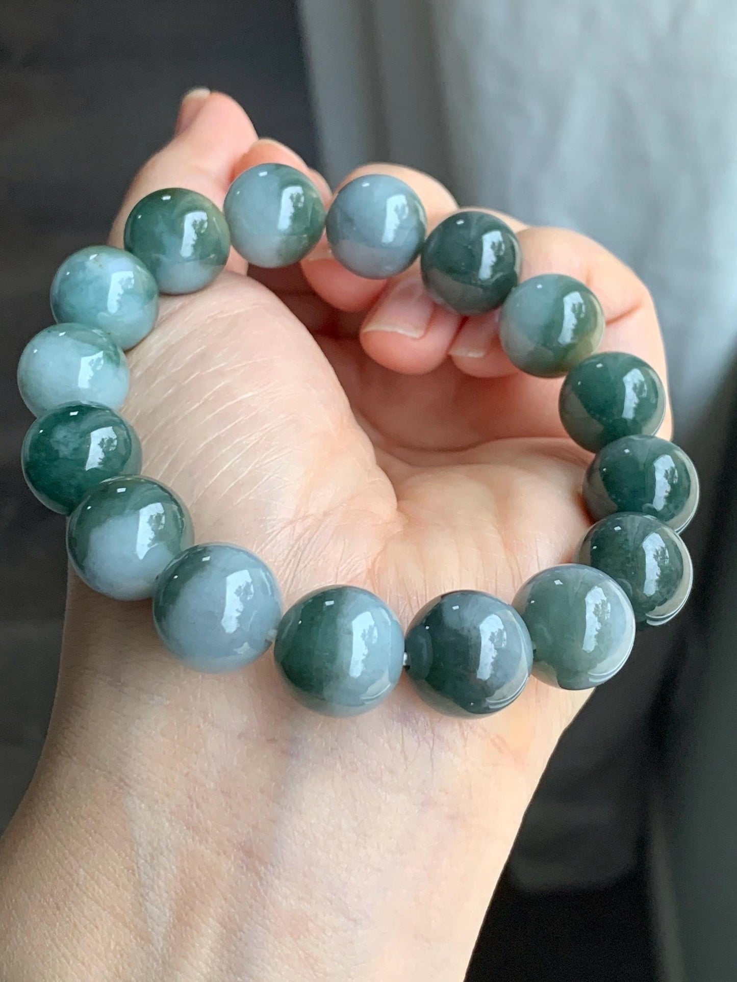 Large Natural Grade A Icy Translucent Bi-Colored Jade Jadeite Mala Beaded Bracelet Stretchy 14mm 8” 73g 天然灰蓝深绿鸳鸯双色翡翠大卡手串 YYDS416