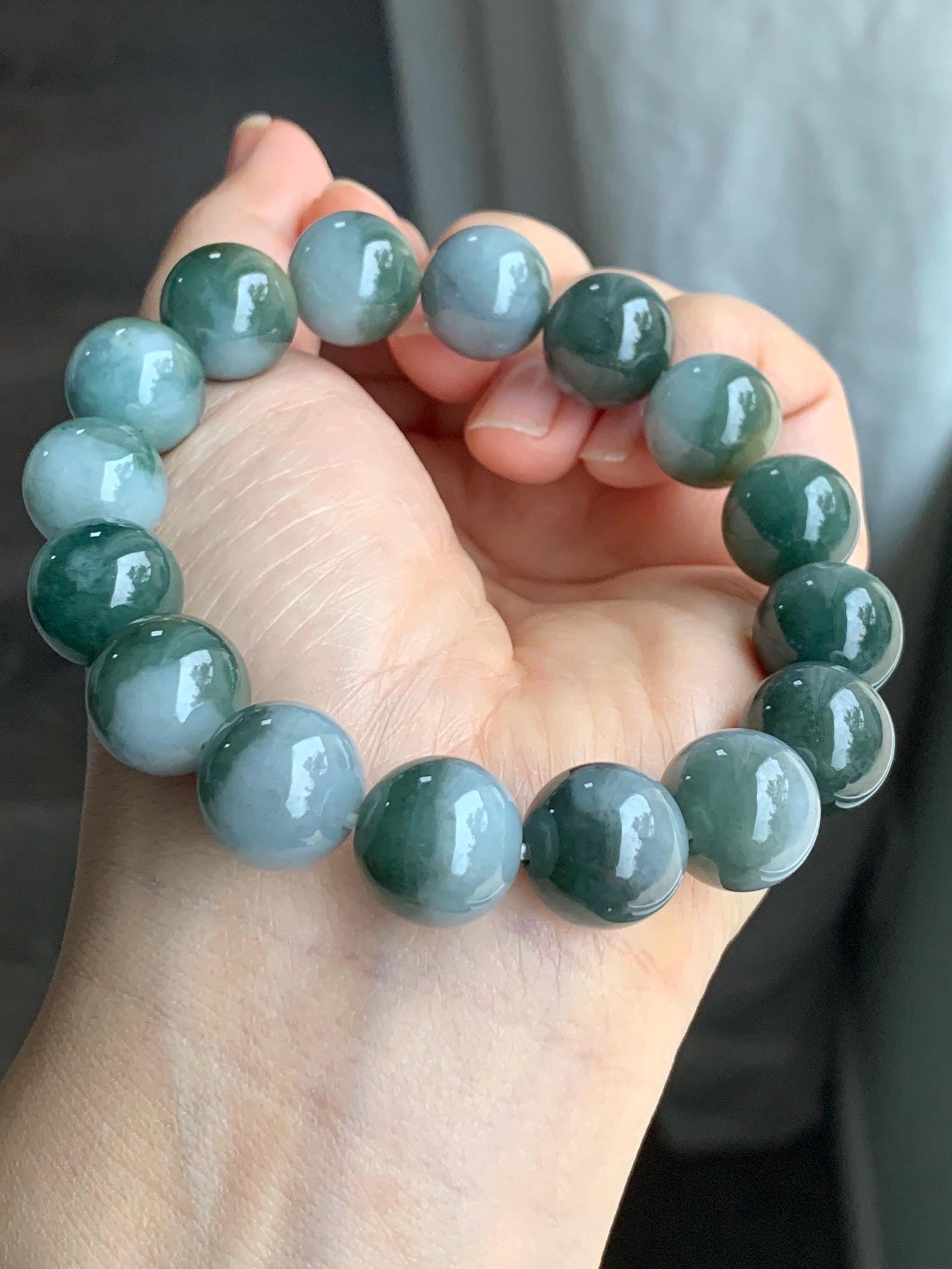 Large Natural Grade A Icy Translucent Bi-Colored Jade Jadeite Mala Beaded Bracelet Stretchy 14mm 8” 73g 天然灰蓝深绿鸳鸯双色翡翠大卡手串 YYDS416