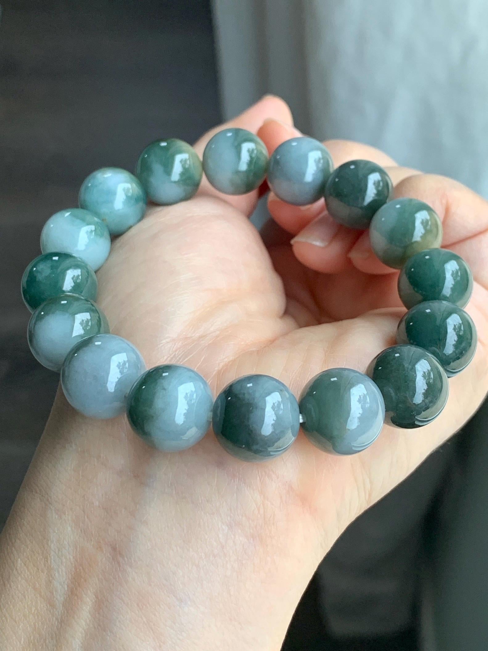 Large Natural Grade A Icy Translucent Bi-Colored Jade Jadeite Mala Beaded Bracelet Stretchy 14mm 8” 73g 天然灰蓝深绿鸳鸯双色翡翠大卡手串 YYDS416