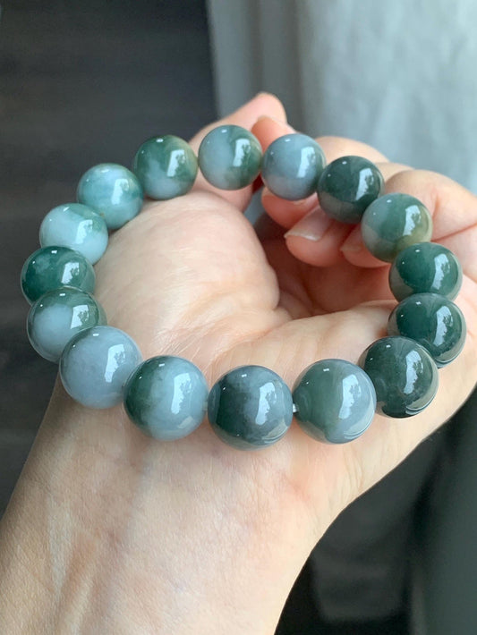 Large Natural Grade A Icy Translucent Bi-Colored Jade Jadeite Mala Beaded Bracelet Stretchy 14mm 8” 73g 天然灰蓝深绿鸳鸯双色翡翠大卡手串 YYDS416