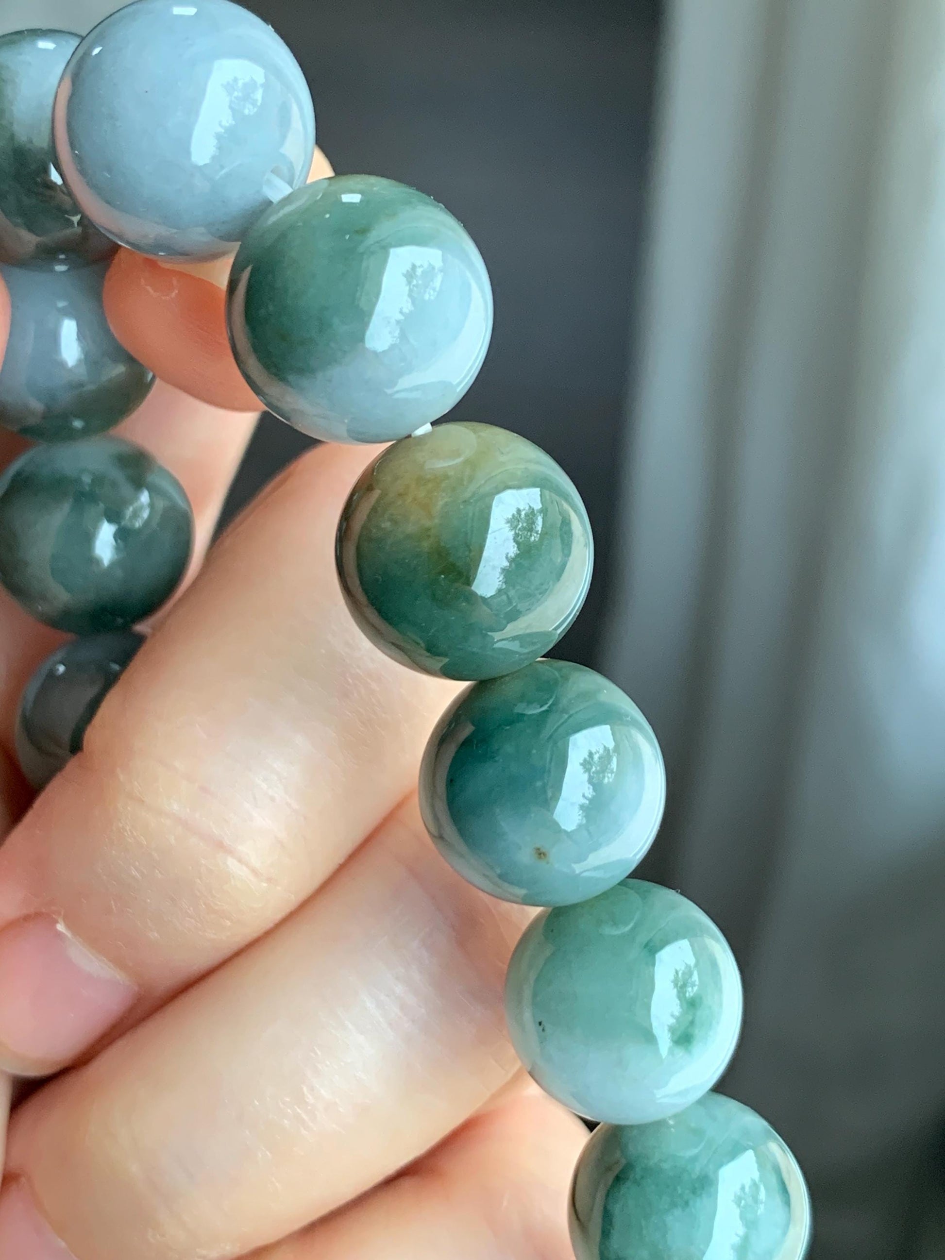 Large Natural Grade A Icy Translucent Bi-Colored Jade Jadeite Mala Beaded Bracelet Stretchy 14mm 8” 73g 天然灰蓝深绿鸳鸯双色翡翠大卡手串 YYDS416