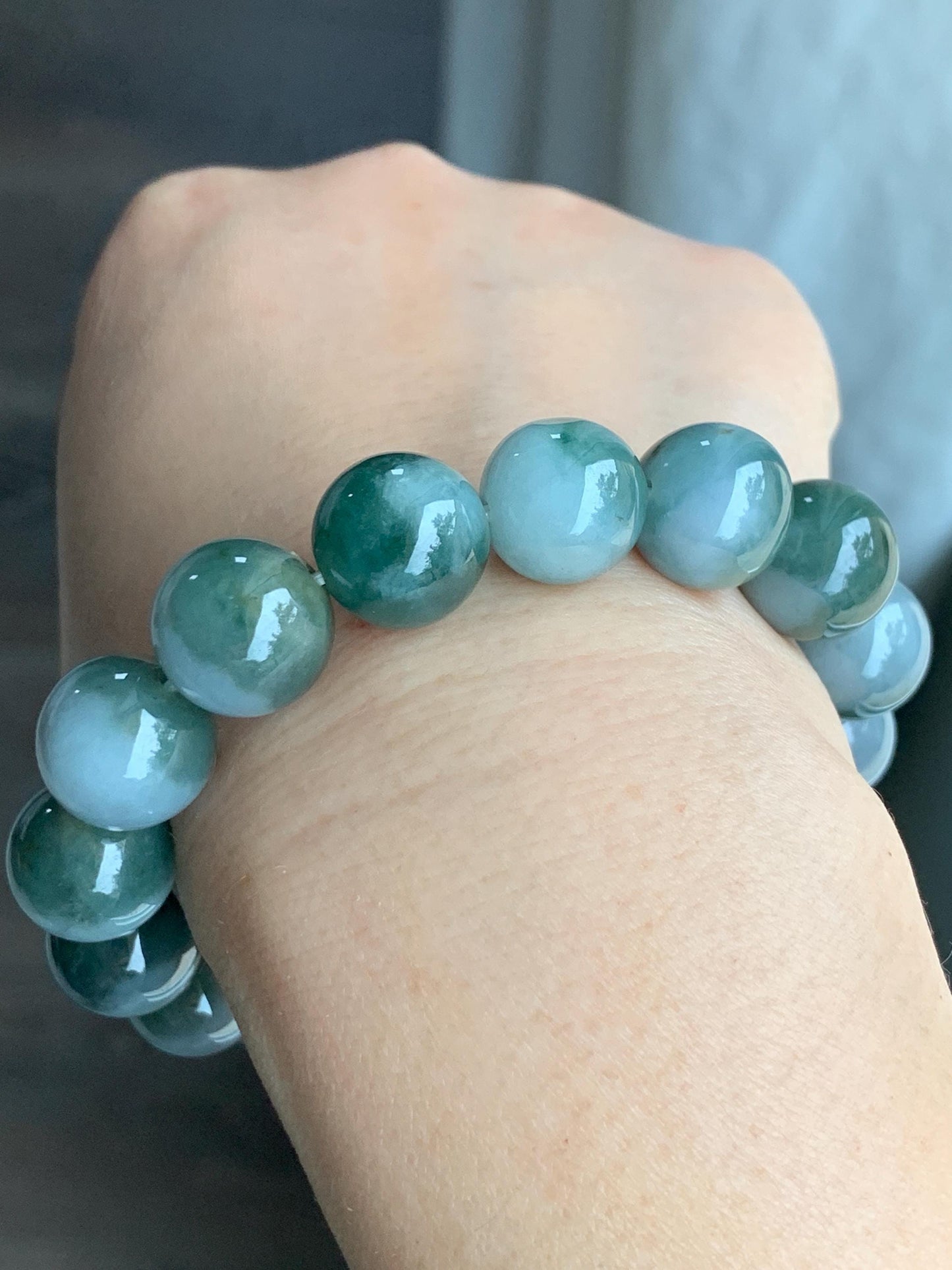 Large Natural Grade A Icy Translucent Bi-Colored Jade Jadeite Mala Beaded Bracelet Stretchy 14mm 8” 73g 天然灰蓝深绿鸳鸯双色翡翠大卡手串 YYDS416