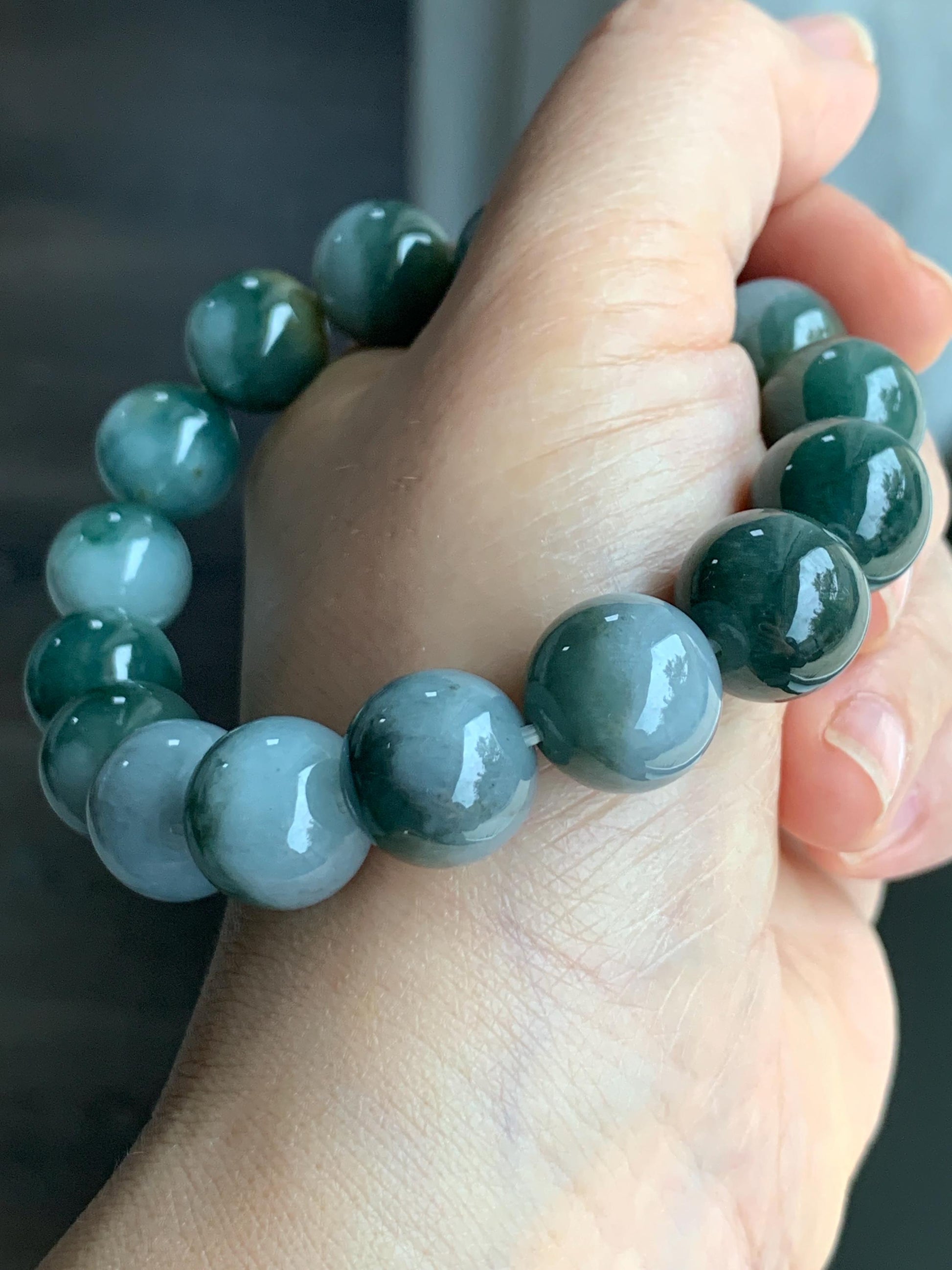 Large Natural Grade A Icy Translucent Bi-Colored Jade Jadeite Mala Beaded Bracelet Stretchy 14mm 8” 73g 天然灰蓝深绿鸳鸯双色翡翠大卡手串 YYDS416