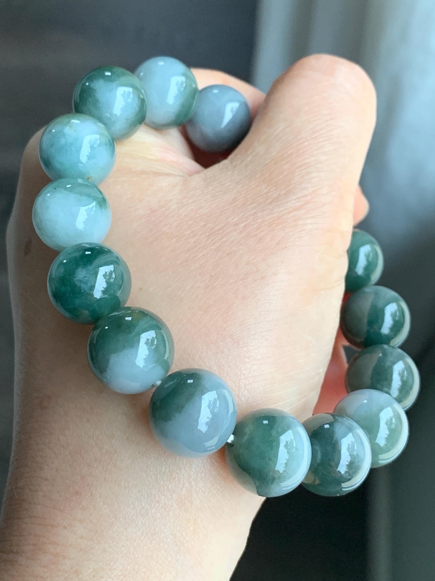 Large Natural Grade A Icy Translucent Bi-Colored Jade Jadeite Mala Beaded Bracelet Stretchy 14mm 8” 73g 天然灰蓝深绿鸳鸯双色翡翠大卡手串 YYDS416