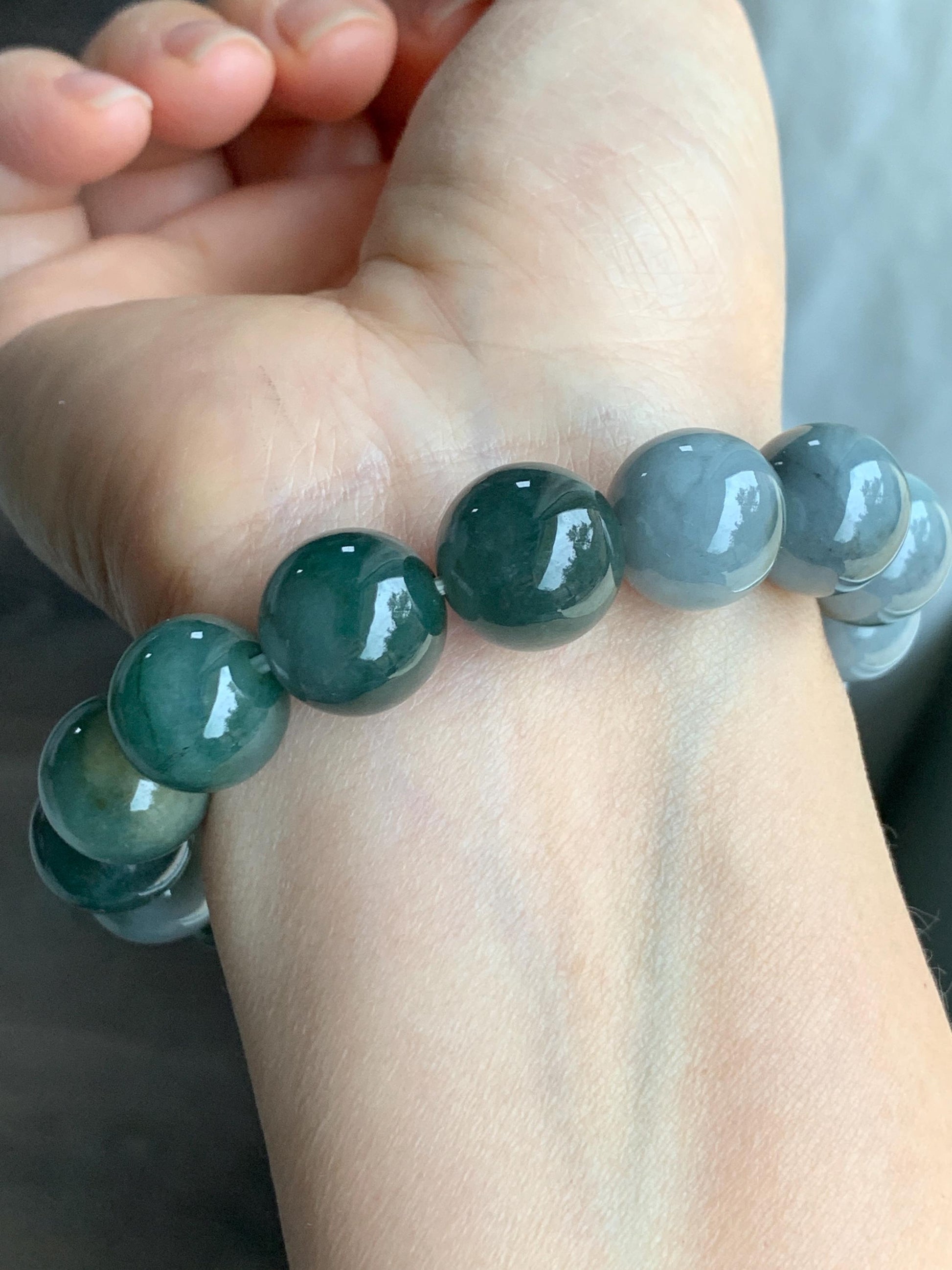 Large Natural Grade A Icy Translucent Bi-Colored Jade Jadeite Mala Beaded Bracelet Stretchy 14mm 8” 73g 天然灰蓝深绿鸳鸯双色翡翠大卡手串 YYDS416
