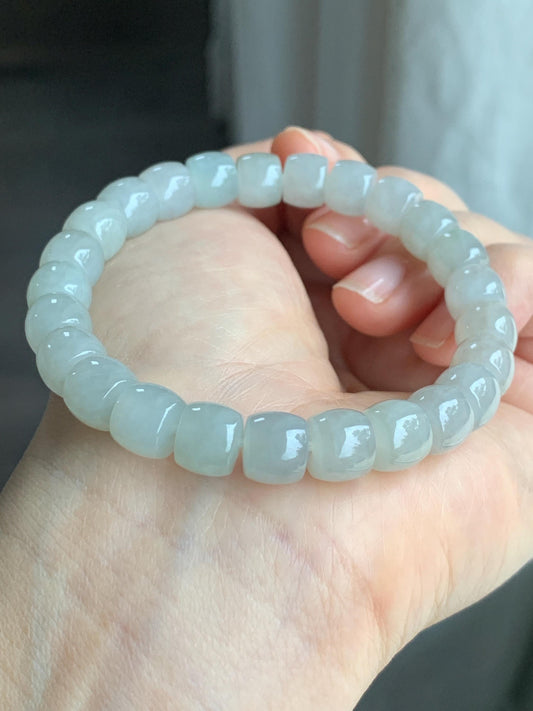 Natural Grade A Icy Translucent Gelatinous Light Beige Jade Jadeite Large Drum Beads Beaded Bracelet Stretchy 7.5" 31g 天然冰胶藕粉翡翠鼓珠手串 BOF416