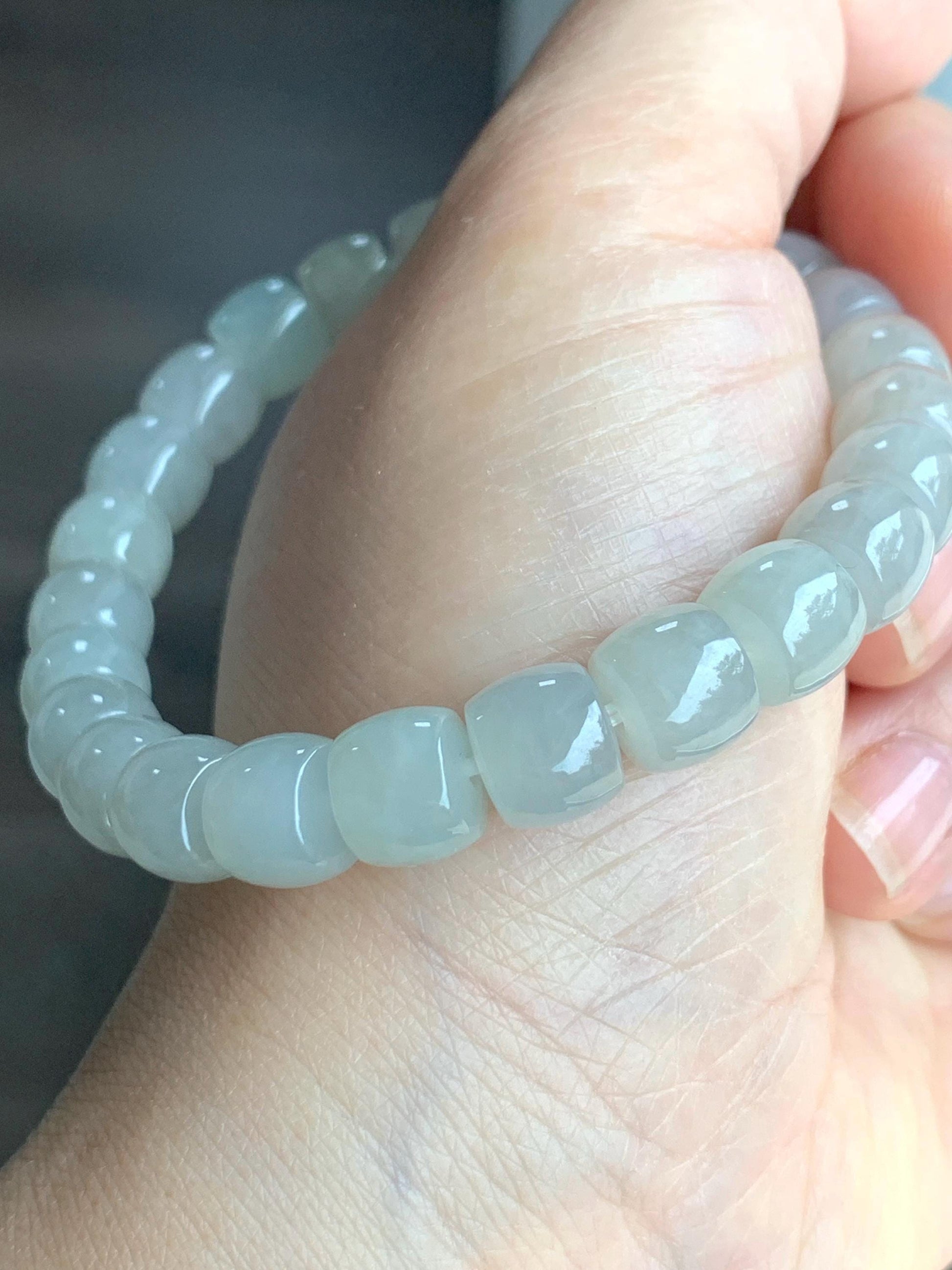 Natural Grade A Icy Translucent Gelatinous Light Beige Jade Jadeite Large Drum Beads Beaded Bracelet Stretchy 7.5" 31g 天然冰胶藕粉翡翠鼓珠手串 BOF416