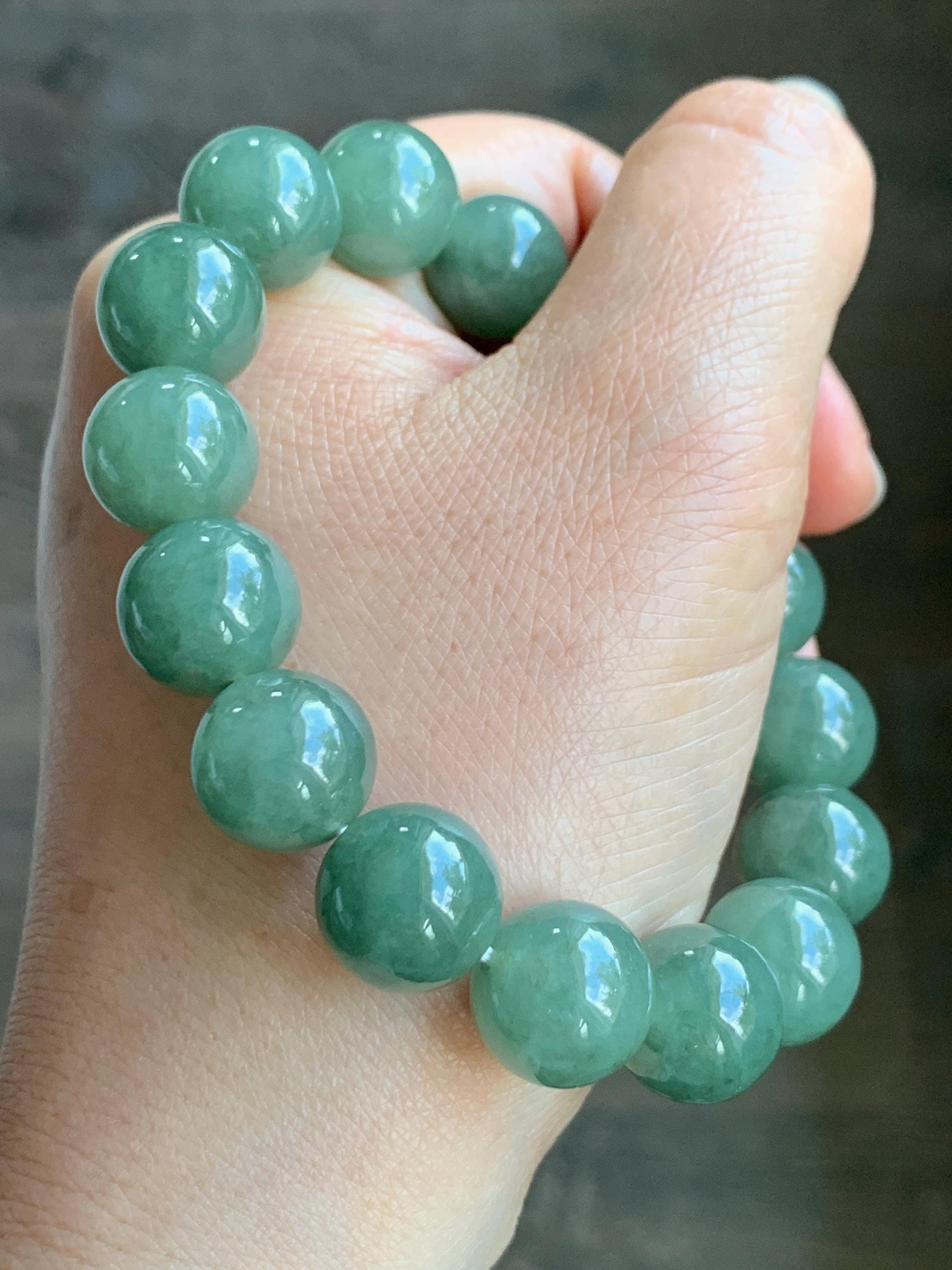 Natural Grade A Icy Translucent Gelatinous Olive Green Jadeite Large Beads Beaded Bracelet Stretchy 12.9mm 7.25” 59g 天然糯冰老油绿晴翡翠大卡手串 GLL440