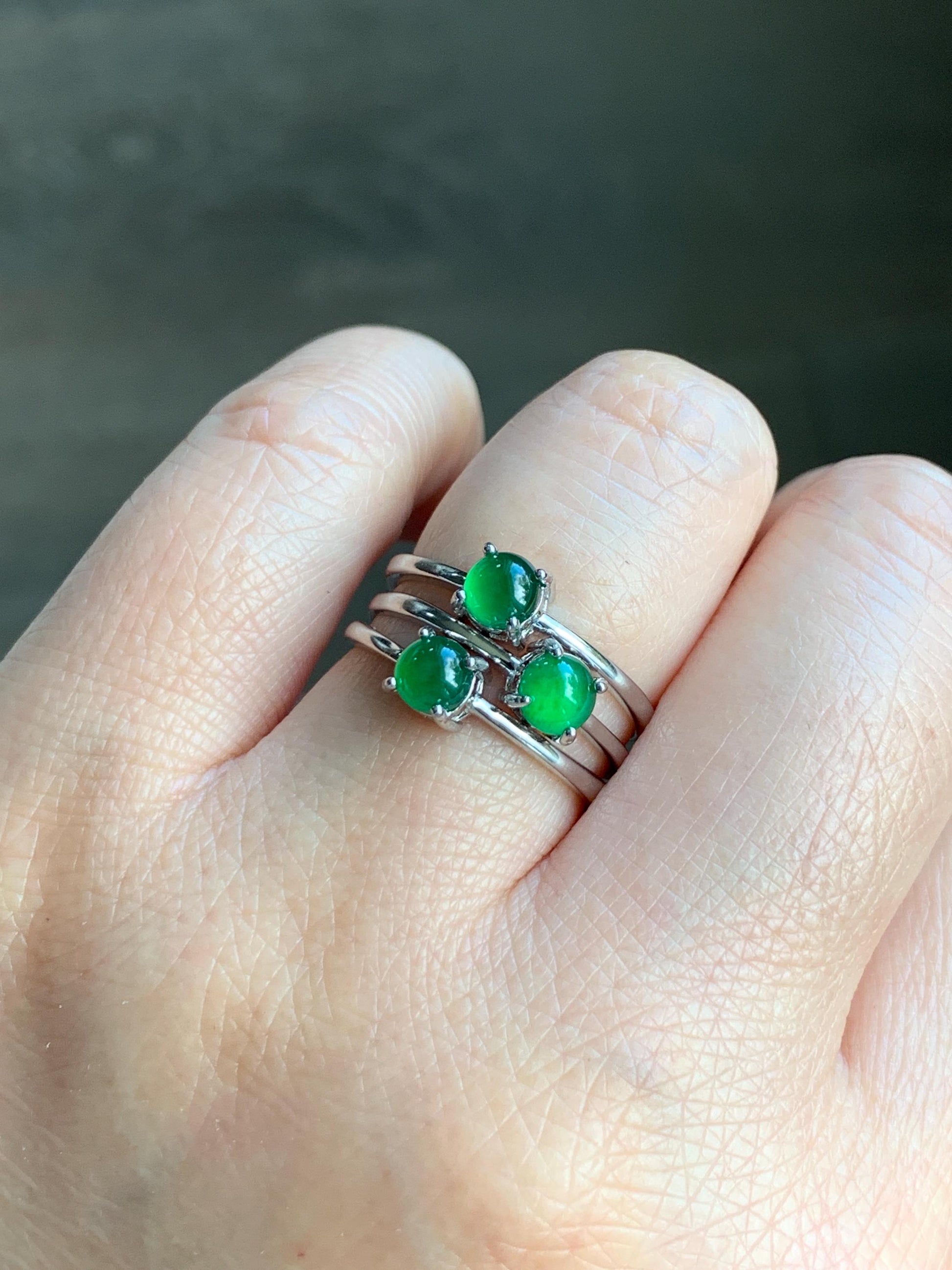 Natural Grade A Guatemalan Icy Translucent Vibrant Green Jadeite Solitaire Ring Stackable Sterling Silver Adjustable 天然冰危绿翡翠银镶戒指 XDK165
