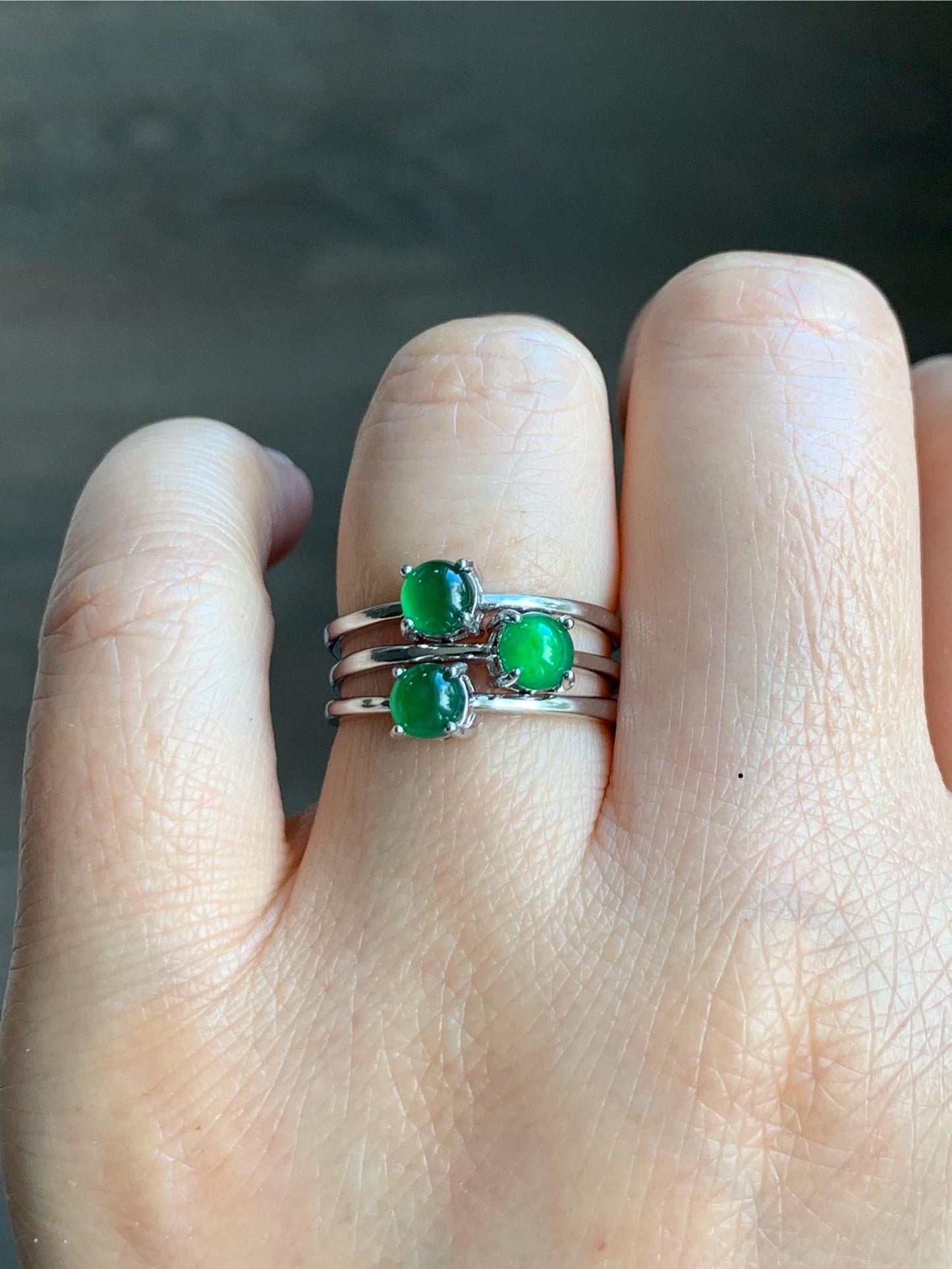 Natural Grade A Guatemalan Icy Translucent Vibrant Green Jadeite Solitaire Ring Stackable Sterling Silver Adjustable 天然冰危绿翡翠银镶戒指 XDK165