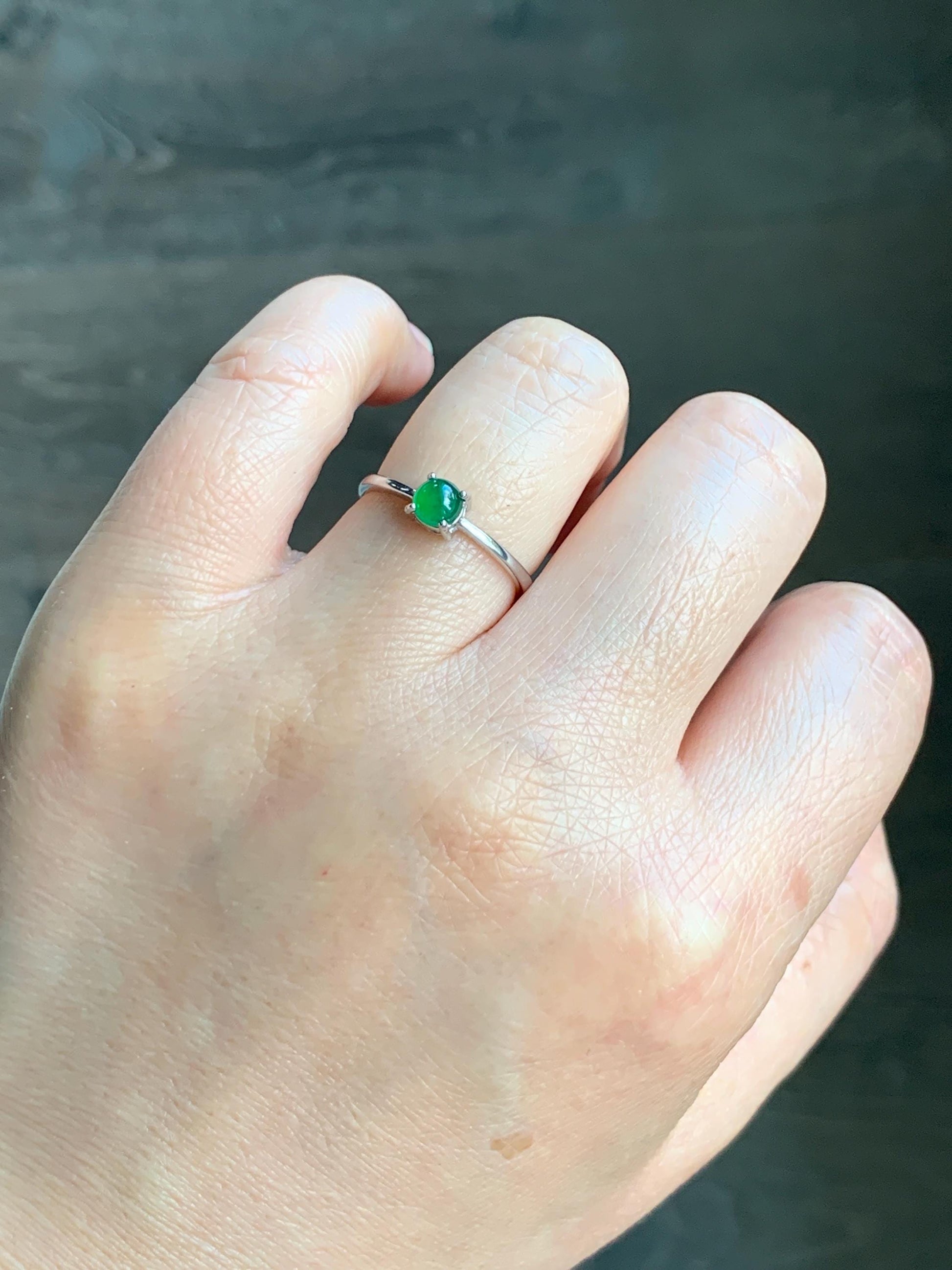 Natural Grade A Guatemalan Icy Translucent Vibrant Green Jadeite Solitaire Ring Stackable Sterling Silver Adjustable 天然冰危绿翡翠银镶戒指 XDK165