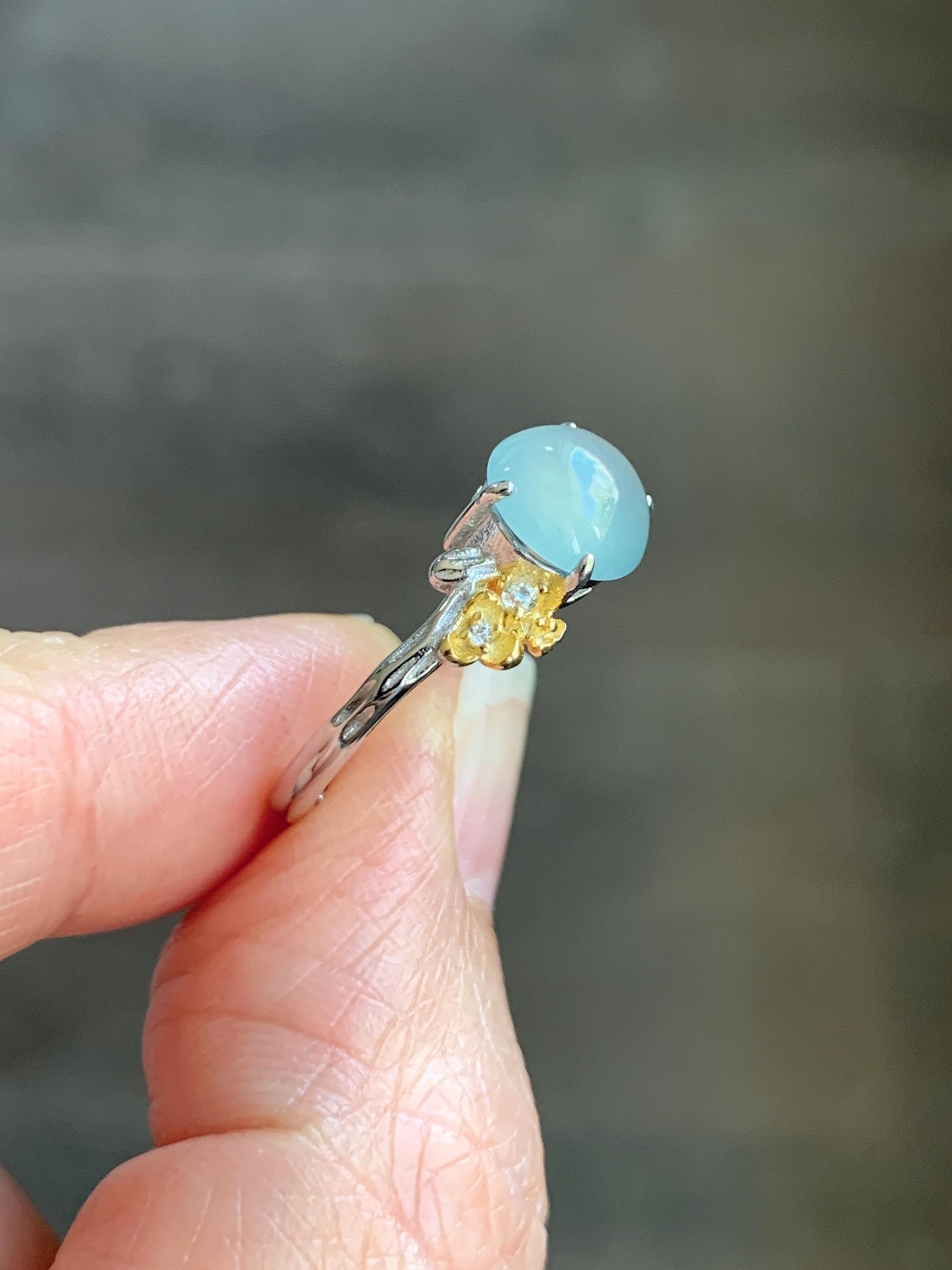 Natural Guatemalan Icy Highly Translucent Pastel Blue Jadeite Cherry Blossom Branch Ring Sterling Silver Adjustable 天然冰危淡蓝起光翡翠梅花枝银镶戒指 MHZH-C