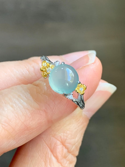 Natural Guatemalan Icy Highly Translucent Pastel Blue Jadeite Cherry Blossom Branch Ring Sterling Silver Adjustable 天然冰危淡蓝起光翡翠梅花枝银镶戒指 MHZH-C