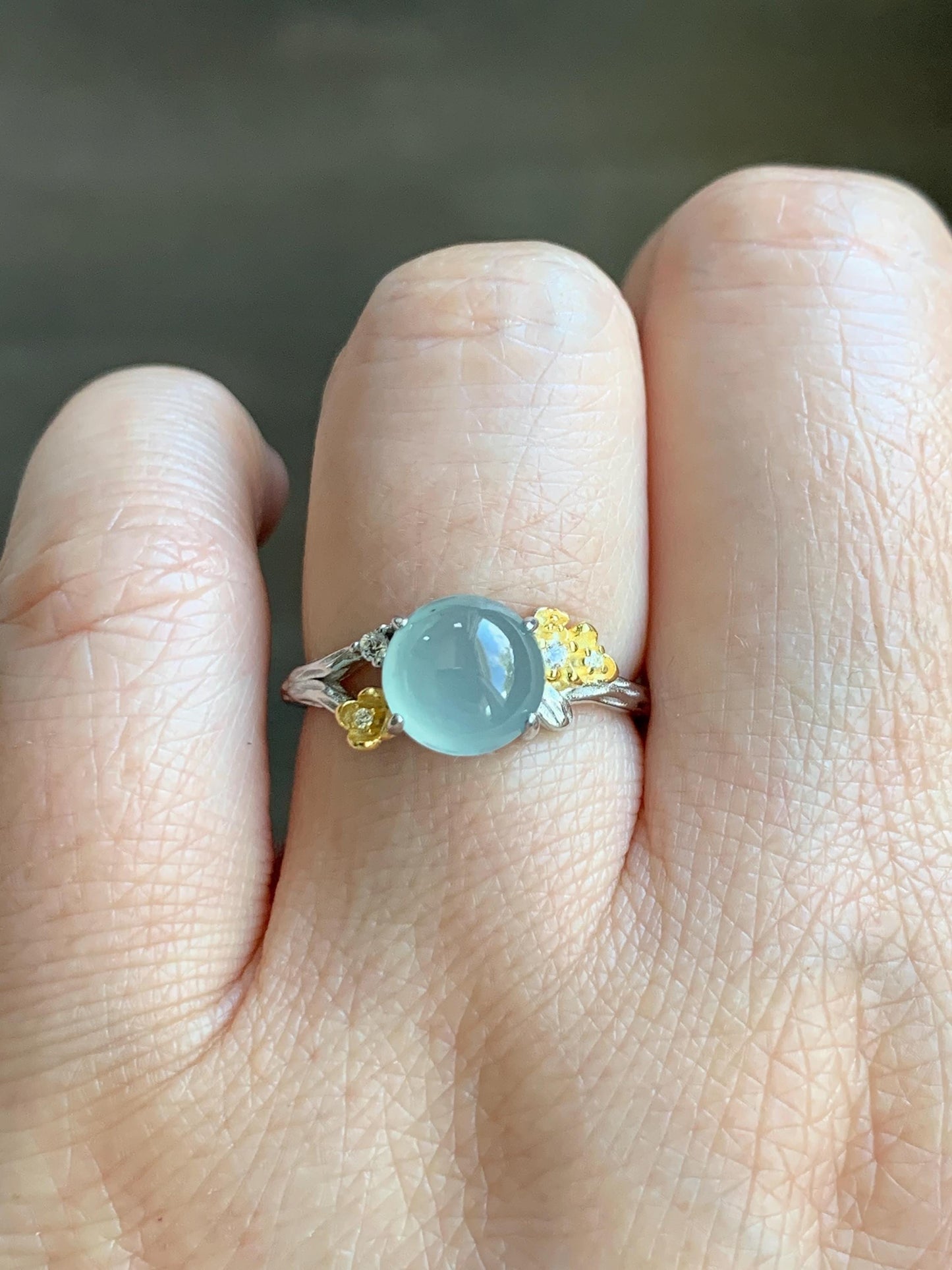 Natural Guatemalan Icy Highly Translucent Pastel Blue Jadeite Cherry Blossom Branch Ring Sterling Silver Adjustable 天然冰危淡蓝起光翡翠梅花枝银镶戒指 MHZH-C