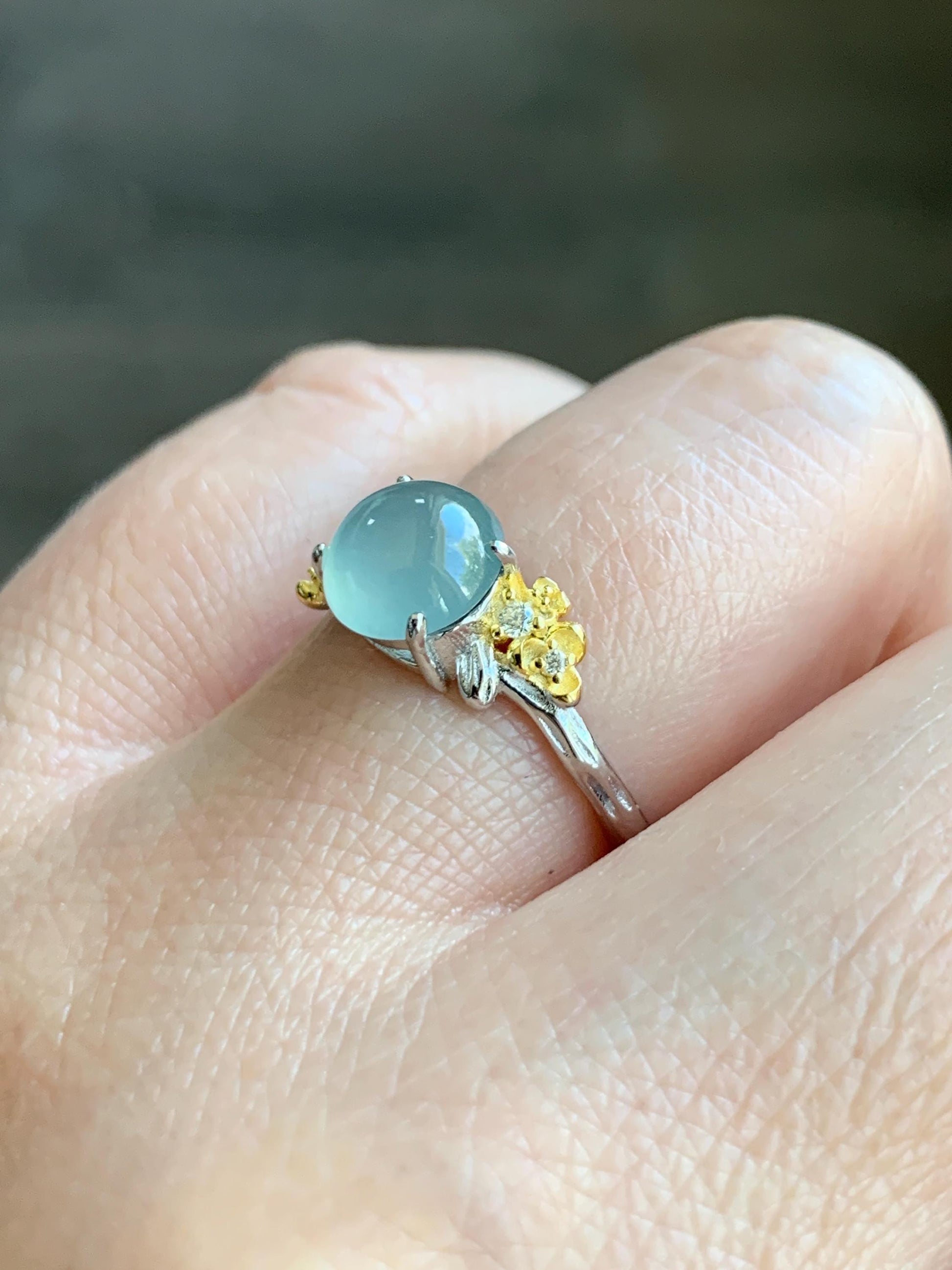 Natural Guatemalan Icy Highly Translucent Pastel Blue Jadeite Cherry Blossom Branch Ring Sterling Silver Adjustable 天然冰危淡蓝起光翡翠梅花枝银镶戒指 MHZH-C