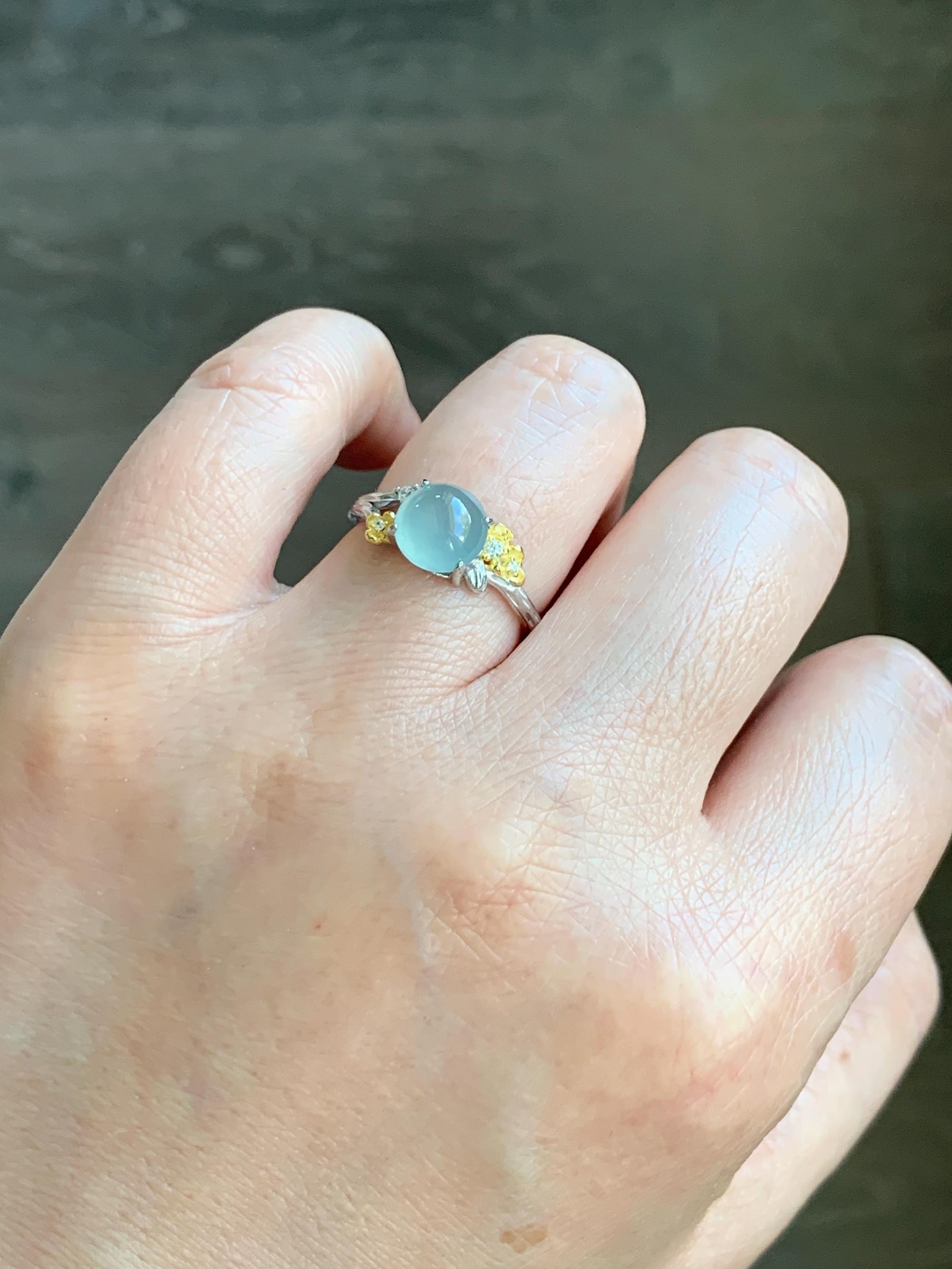 Natural Guatemalan Icy Highly Translucent Pastel Blue Jadeite Cherry Blossom Branch Ring Sterling Silver Adjustable 天然冰危淡蓝起光翡翠梅花枝银镶戒指 MHZH-C