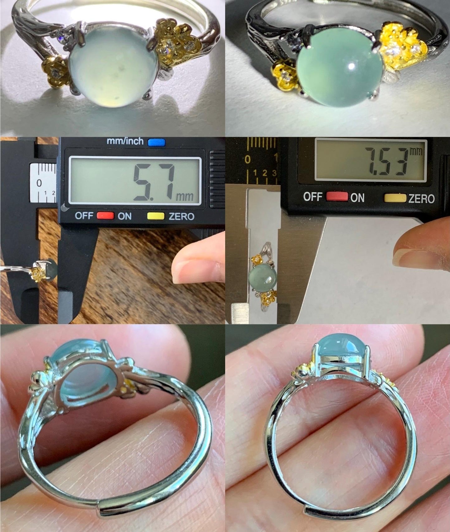 Natural Guatemalan Icy Highly Translucent Pastel Blue Jadeite Cherry Blossom Branch Ring Sterling Silver Adjustable 天然冰危淡蓝起光翡翠梅花枝银镶戒指 MHZH-B