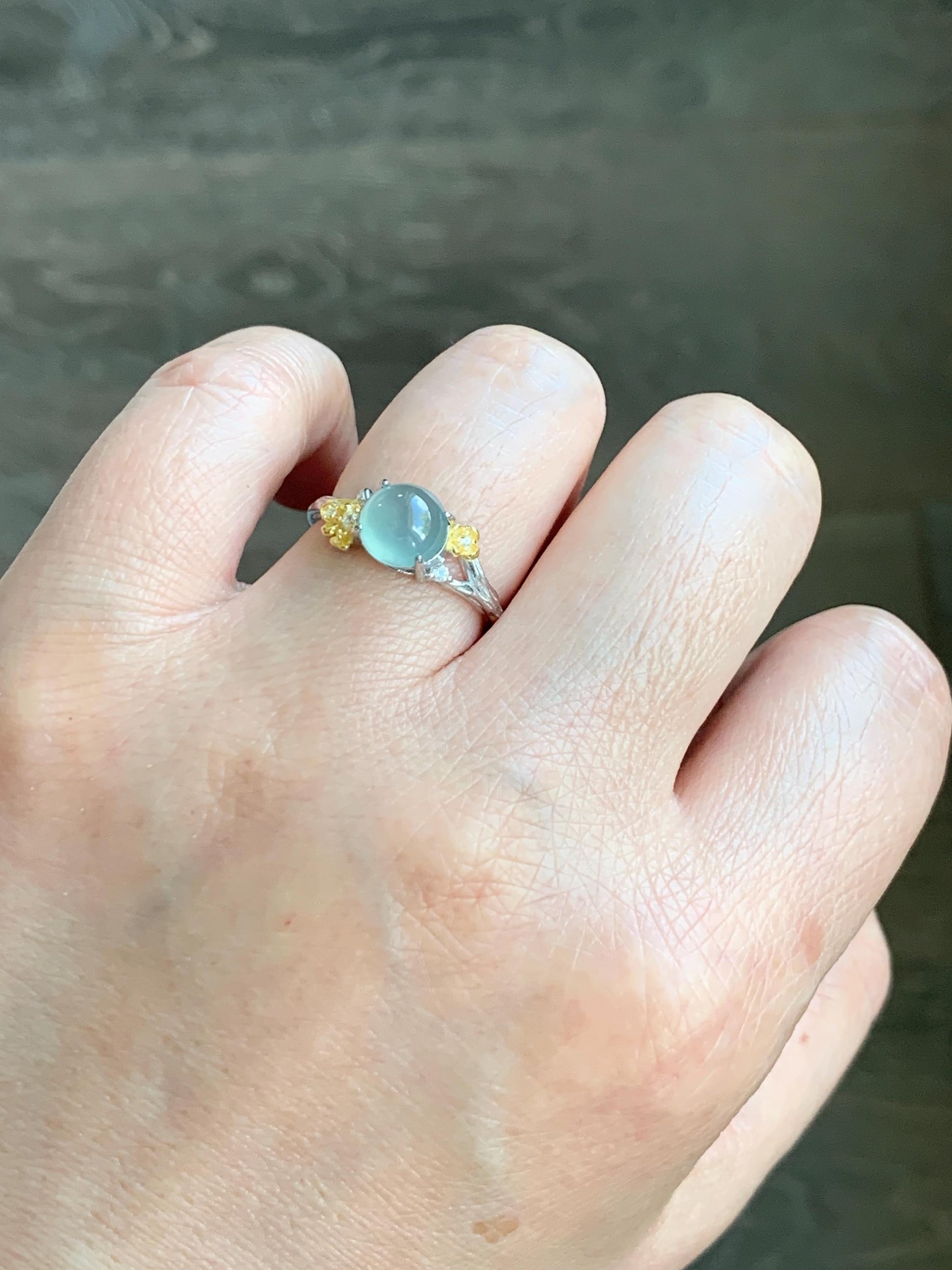 Natural Guatemalan Icy Highly Translucent Pastel Blue Jadeite Cherry Blossom Branch Ring Sterling Silver Adjustable 天然冰危淡蓝起光翡翠梅花枝银镶戒指 MHZH-B