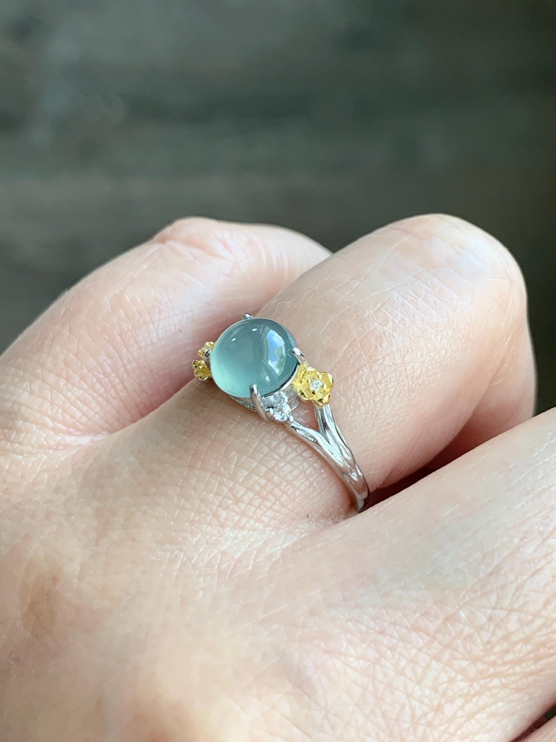 Natural Guatemalan Icy Highly Translucent Pastel Blue Jadeite Cherry Blossom Branch Ring Sterling Silver Adjustable 天然冰危淡蓝起光翡翠梅花枝银镶戒指 MHZH-B