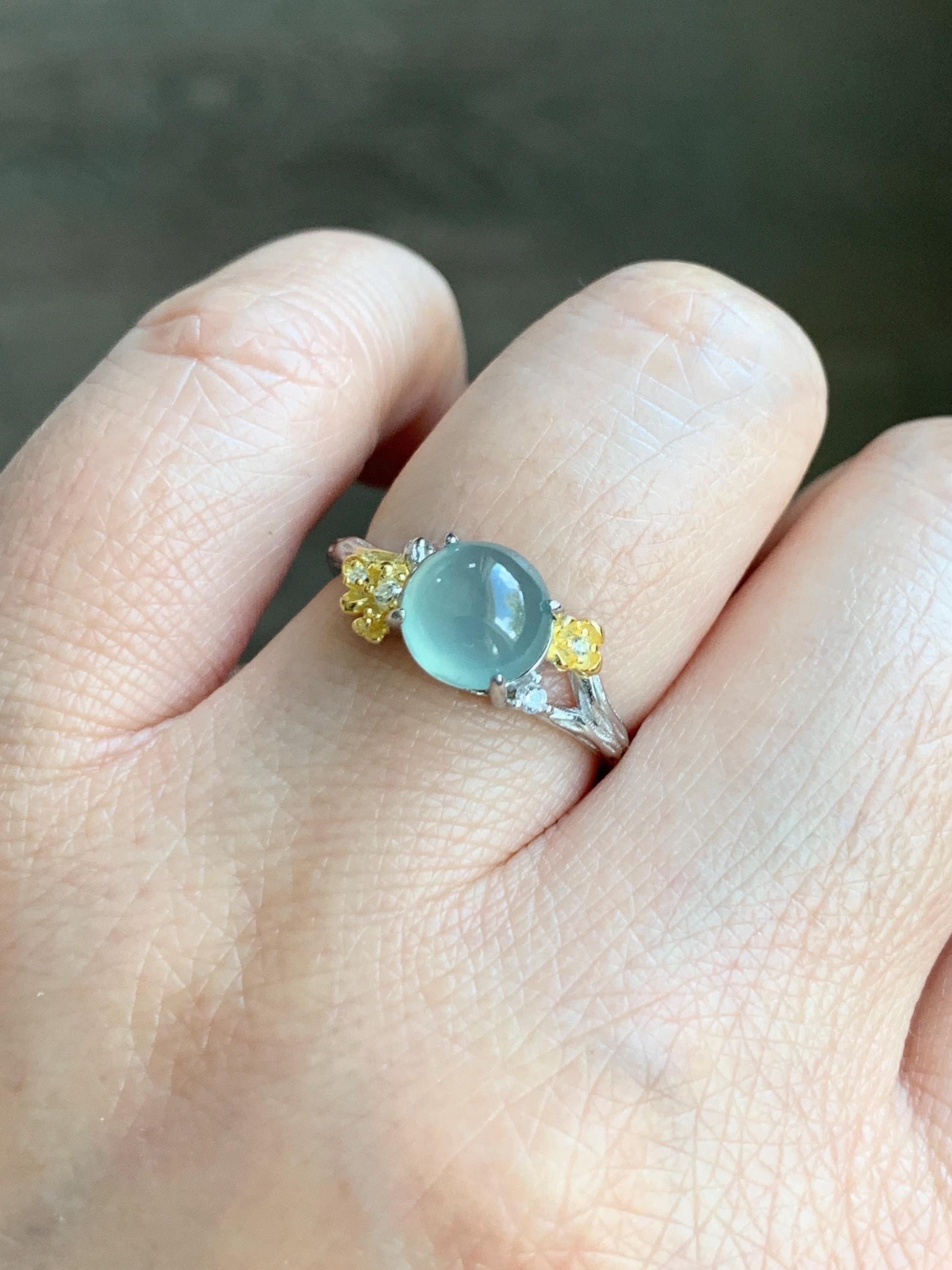 Natural Guatemalan Icy Highly Translucent Pastel Blue Jadeite Cherry Blossom Branch Ring Sterling Silver Adjustable 天然冰危淡蓝起光翡翠梅花枝银镶戒指 MHZH-B