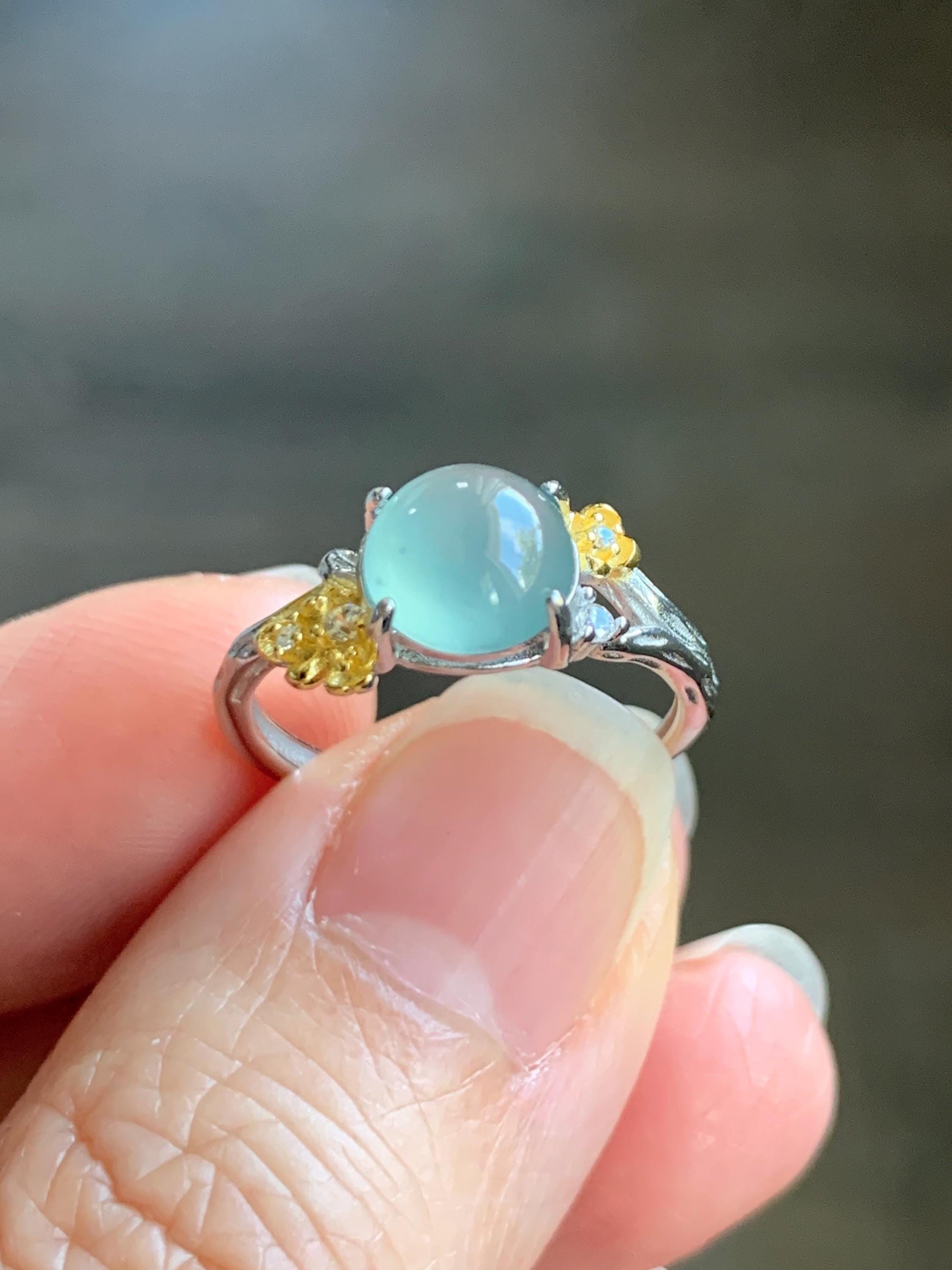 Natural Guatemalan Icy Highly Translucent Pastel Blue Jadeite Cherry Blossom Branch Ring Sterling Silver Adjustable 天然冰危淡蓝起光翡翠梅花枝银镶戒指 MHZH-B
