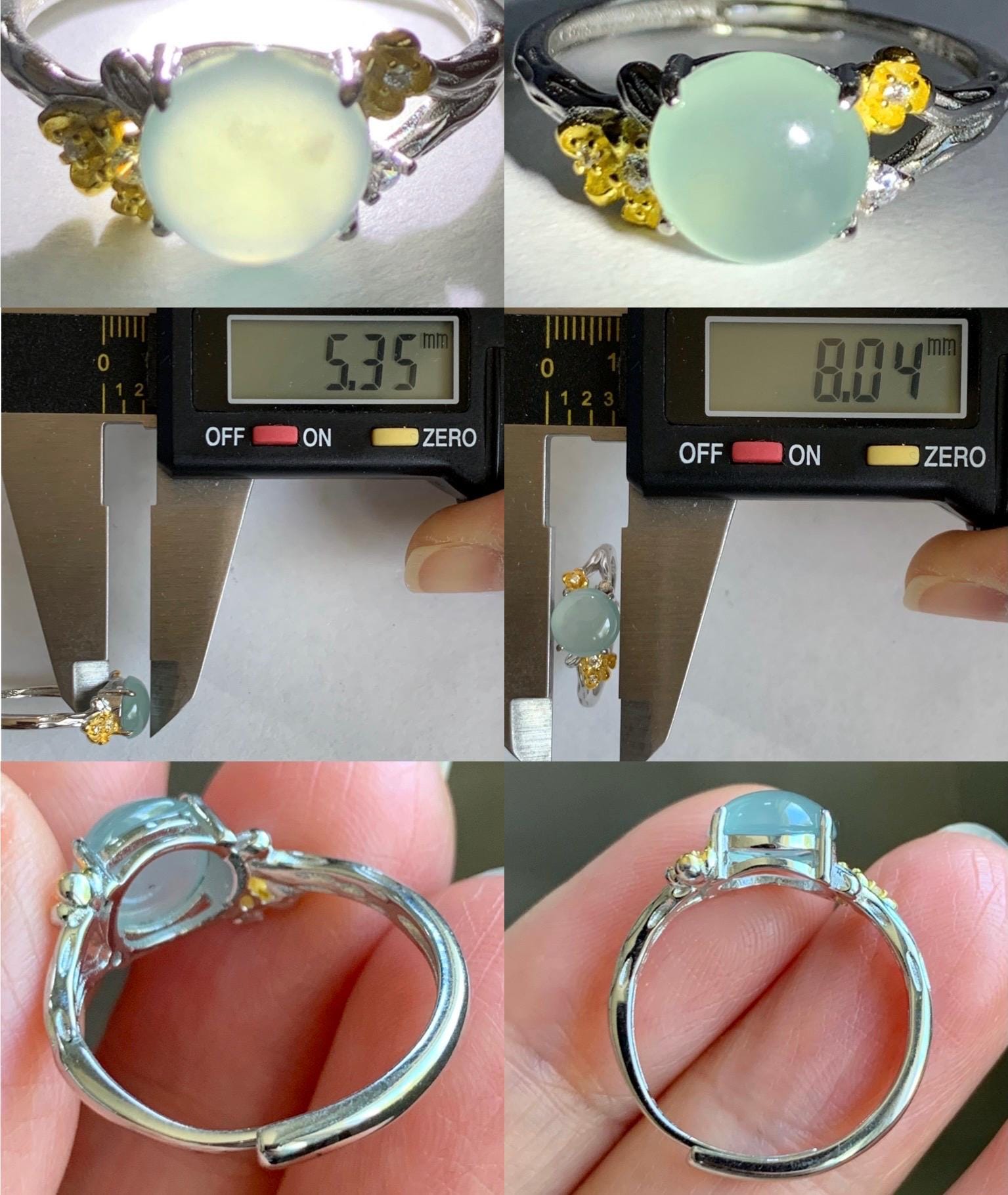 Natural Guatemalan Icy Highly Translucent Pastel Blue Jadeite Cherry Blossom Branch Ring Sterling Silver Adjustable 天然冰危淡蓝起光翡翠梅花枝银镶戒指 MHZH-A