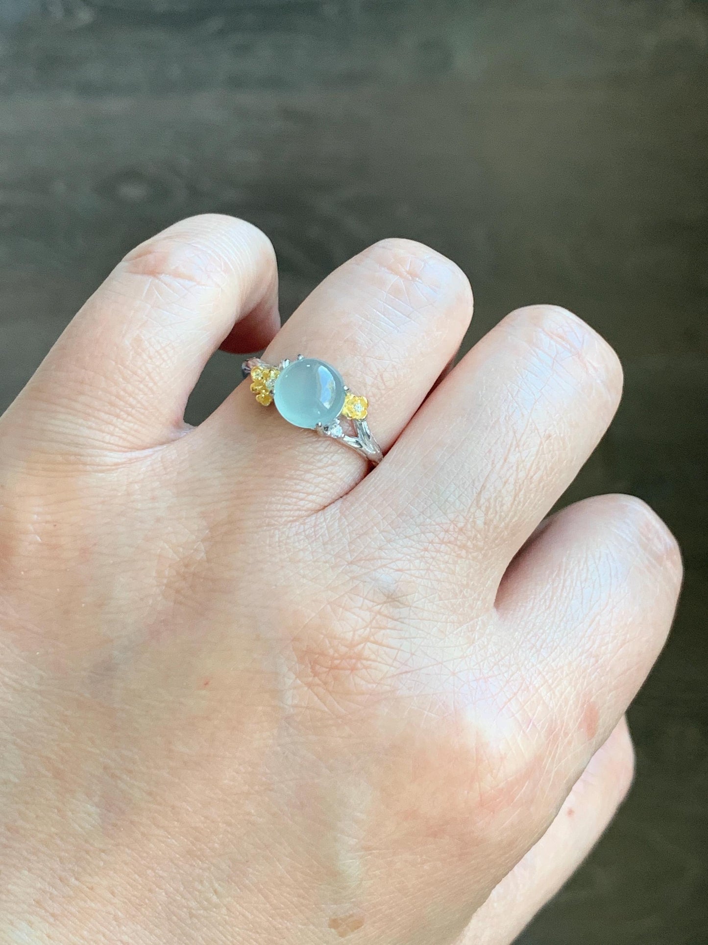 Natural Guatemalan Icy Highly Translucent Pastel Blue Jadeite Cherry Blossom Branch Ring Sterling Silver Adjustable 天然冰危淡蓝起光翡翠梅花枝银镶戒指 MHZH-A