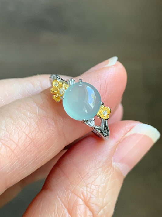 Natural Guatemalan Icy Highly Translucent Pastel Blue Jadeite Cherry Blossom Branch Ring Sterling Silver Adjustable 天然冰危淡蓝起光翡翠梅花枝银镶戒指 MHZH-A