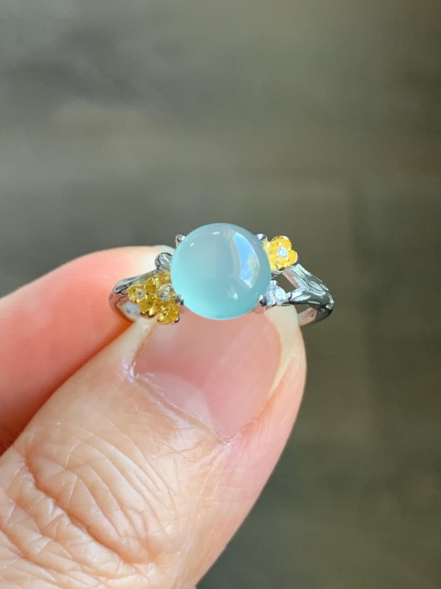 Natural Guatemalan Icy Highly Translucent Pastel Blue Jadeite Cherry Blossom Branch Ring Sterling Silver Adjustable 天然冰危淡蓝起光翡翠梅花枝银镶戒指 MHZH-A