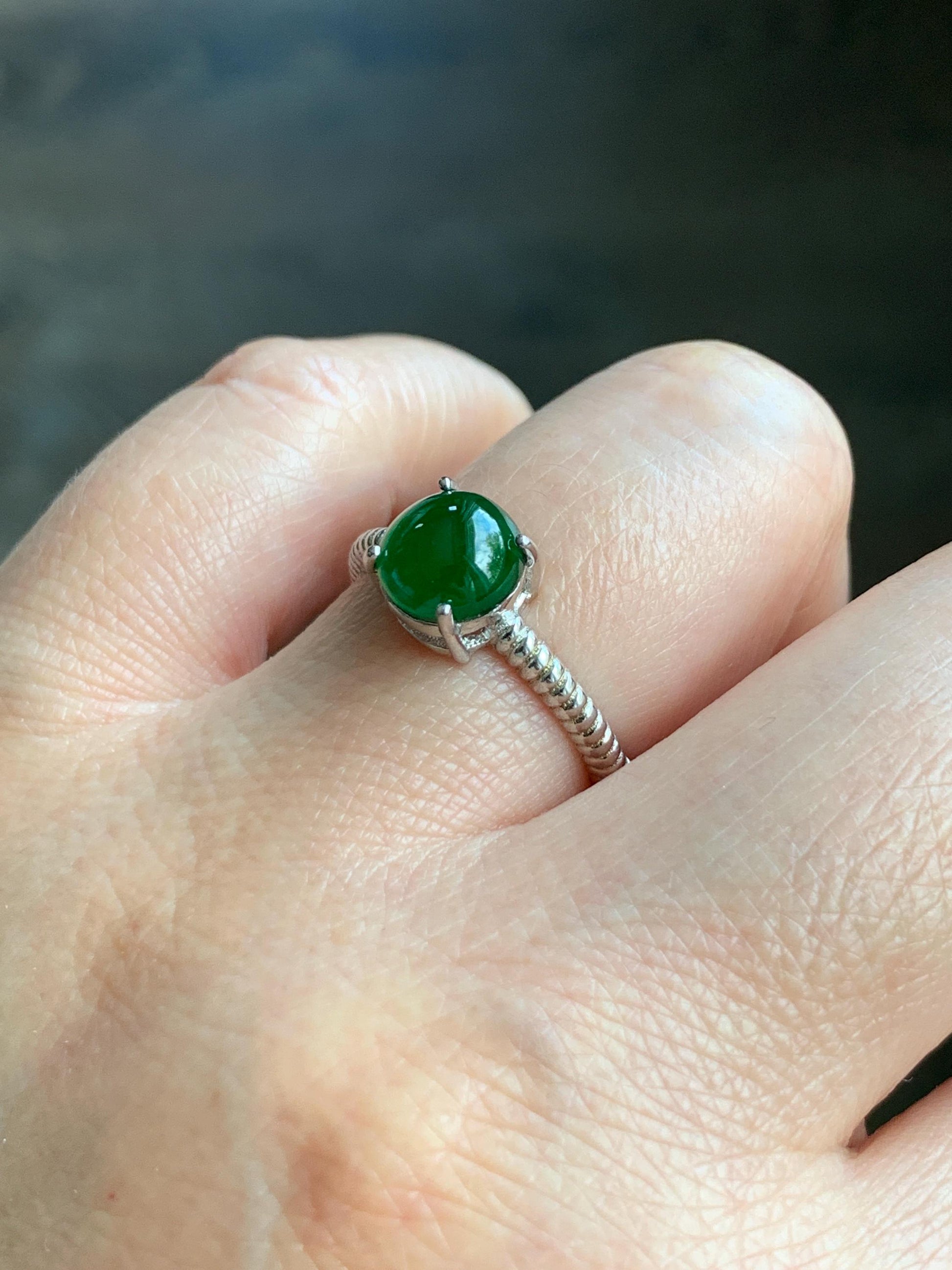 Natural Grade A Guatemalan Icy Translucent Vibrant Green Jadeite Solitaire Style Ring Sterling Silver Size Adjustable 天然冰危绿翡翠银镶戒指 XZJ88
