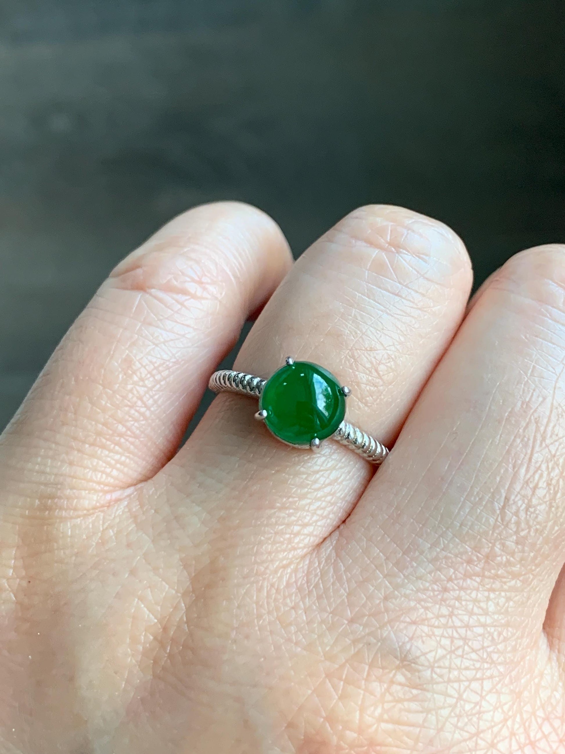 Natural Grade A Guatemalan Icy Translucent Vibrant Green Jadeite Solitaire Style Ring Sterling Silver Size Adjustable 天然冰危绿翡翠银镶戒指 XZJ88