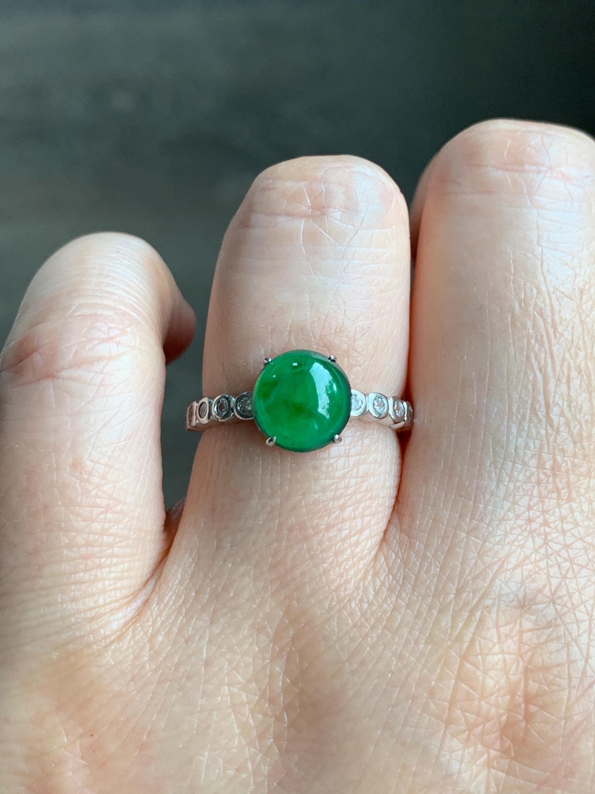 Natural Grade A Guatemalan Icy Translucent Vibrant Green Jadeite Solitaire Style Ring Sterling Silver Size Adjustable 天然冰危绿翡翠银镶戒指 WLY77