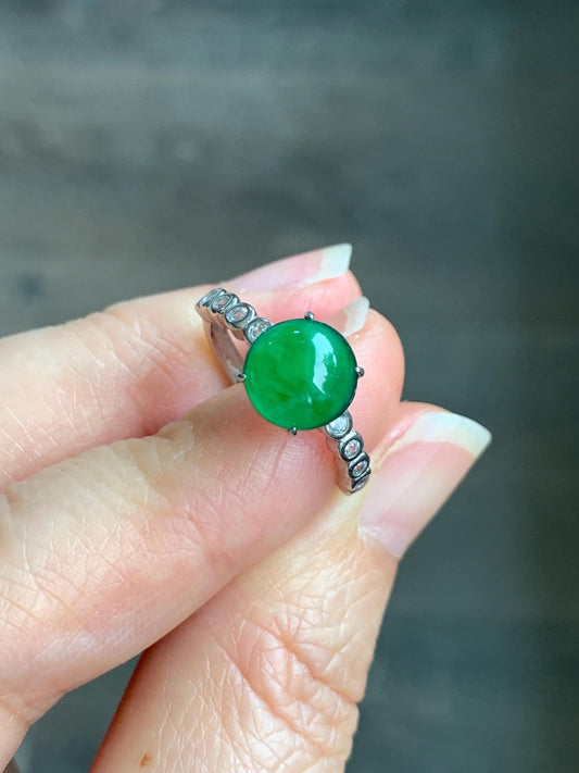 Natural Grade A Guatemalan Icy Translucent Vibrant Green Jadeite Solitaire Style Ring Sterling Silver Size Adjustable 天然冰危绿翡翠银镶戒指 WLY77