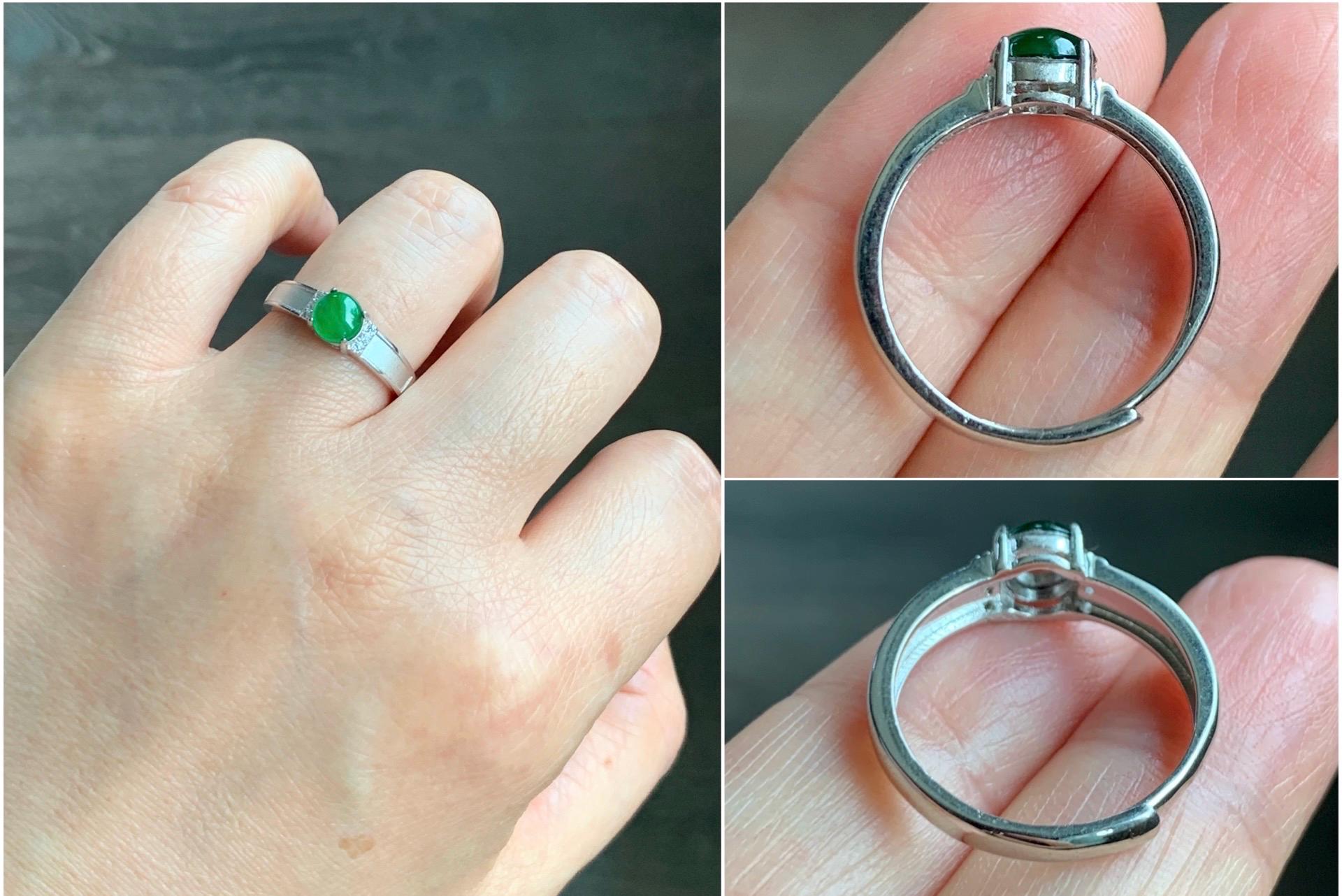 Natural Grade A Guatemalan Icy Translucent Vibrant Green Jadeite Band Style Ring Sterling Silver Size Adjustable 天然冰危绿翡翠银镶戒指 KJL66