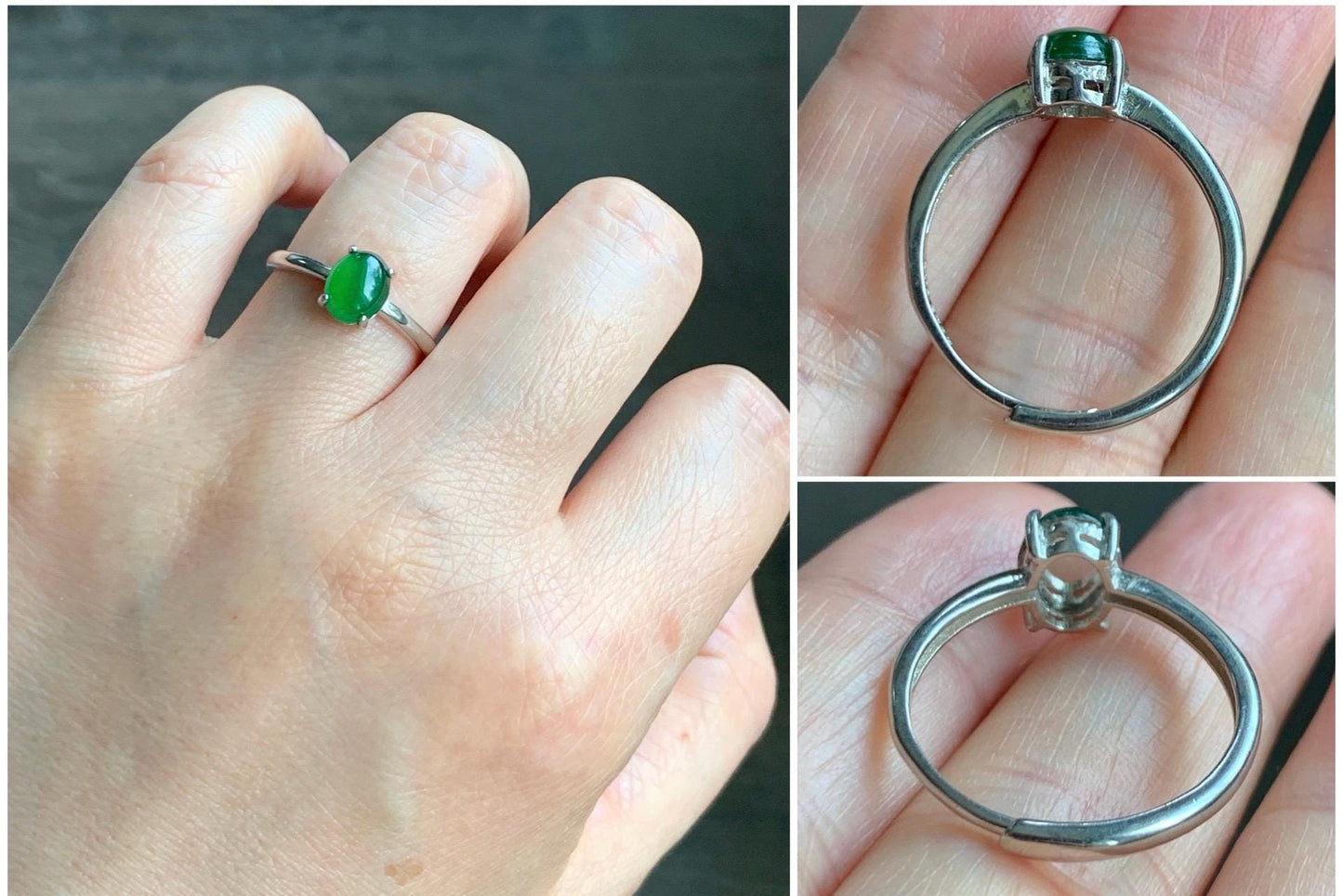 Natural Grade A Guatemalan Icy Translucent Vibrant Green Jadeite Solitaire Style Ring Sterling Silver Size Adjustable 天然冰危绿翡翠银镶戒指 TYL77