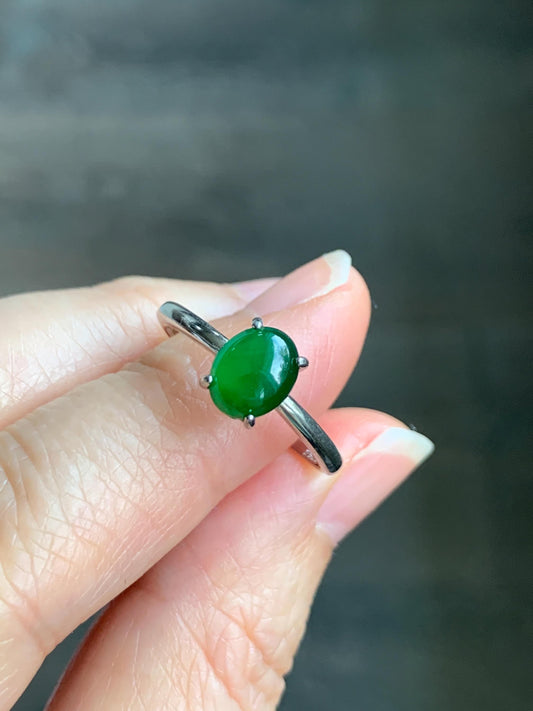 Natural Grade A Guatemalan Icy Translucent Vibrant Green Jadeite Solitaire Style Ring Sterling Silver Size Adjustable 天然冰危绿翡翠银镶戒指 TYL77