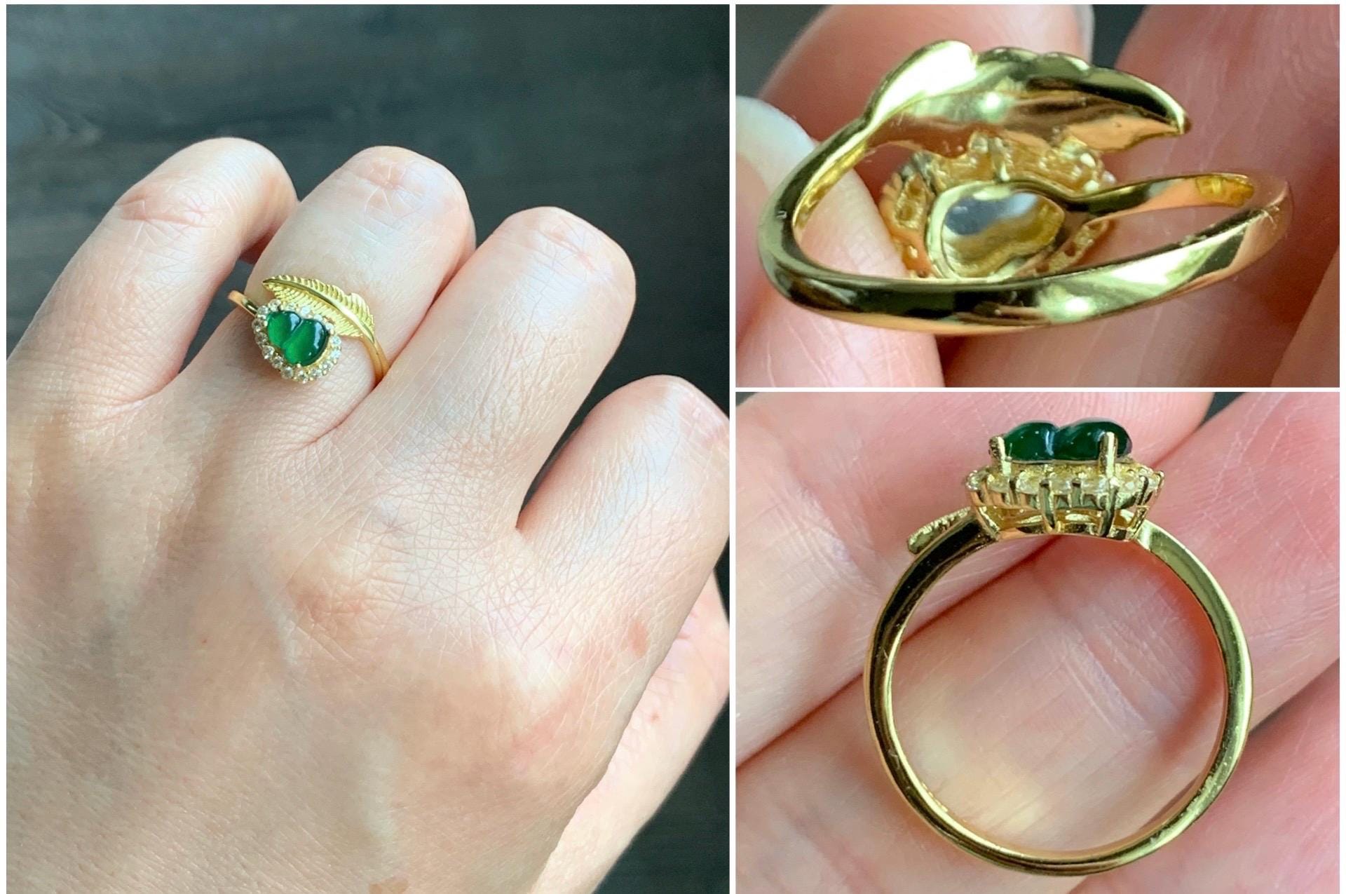 Natural Grade A Guatemalan Icy Translucent Intense Green Jadeite Hulu Gourd Ring Sterling Silver Yellow Gold Finish 天然冰危绿翡翠葫芦银镶戒指 JHL66