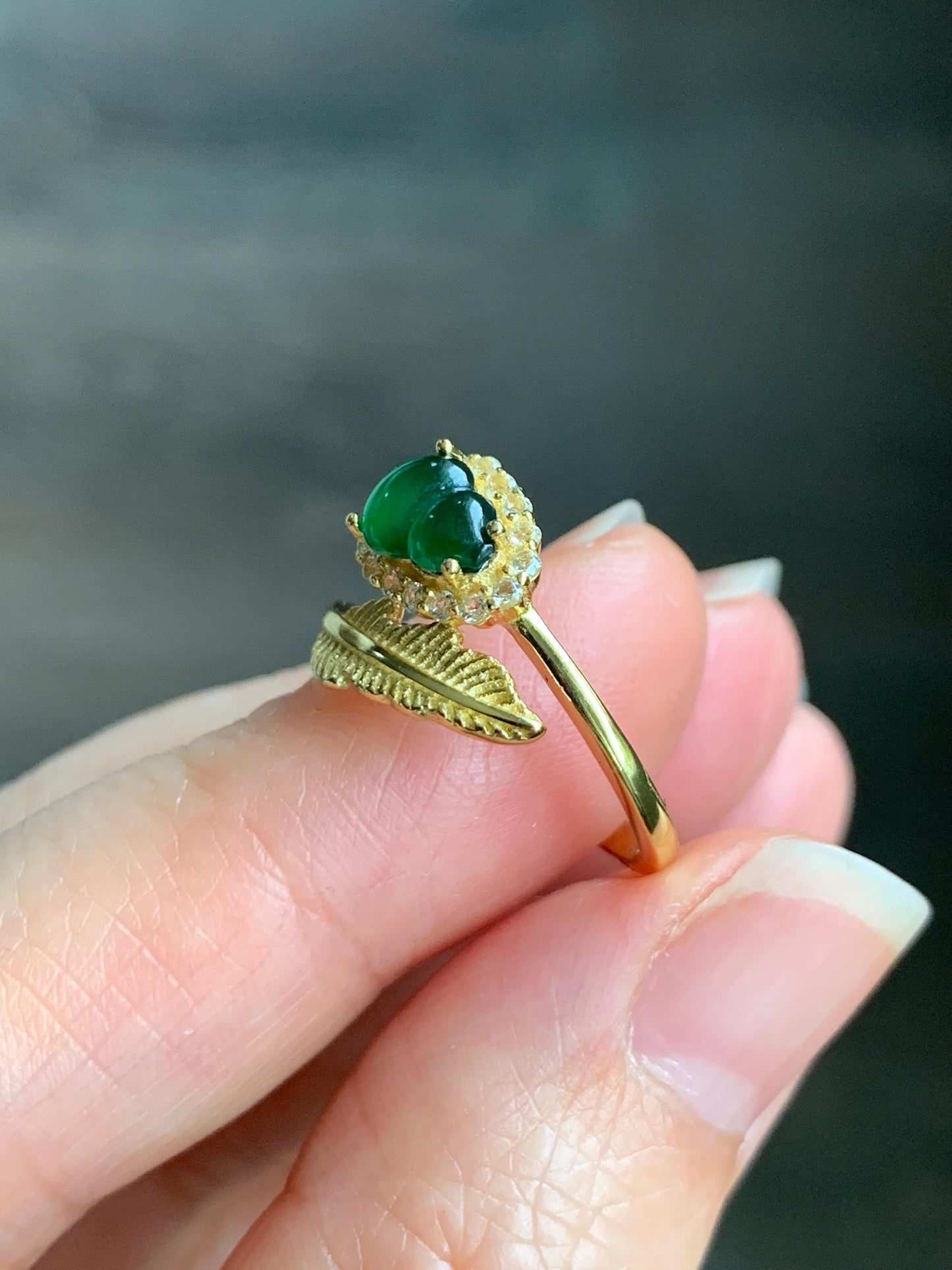 Natural Grade A Guatemalan Icy Translucent Intense Green Jadeite Hulu Gourd Ring Sterling Silver Yellow Gold Finish 天然冰危绿翡翠葫芦银镶戒指 JHL66