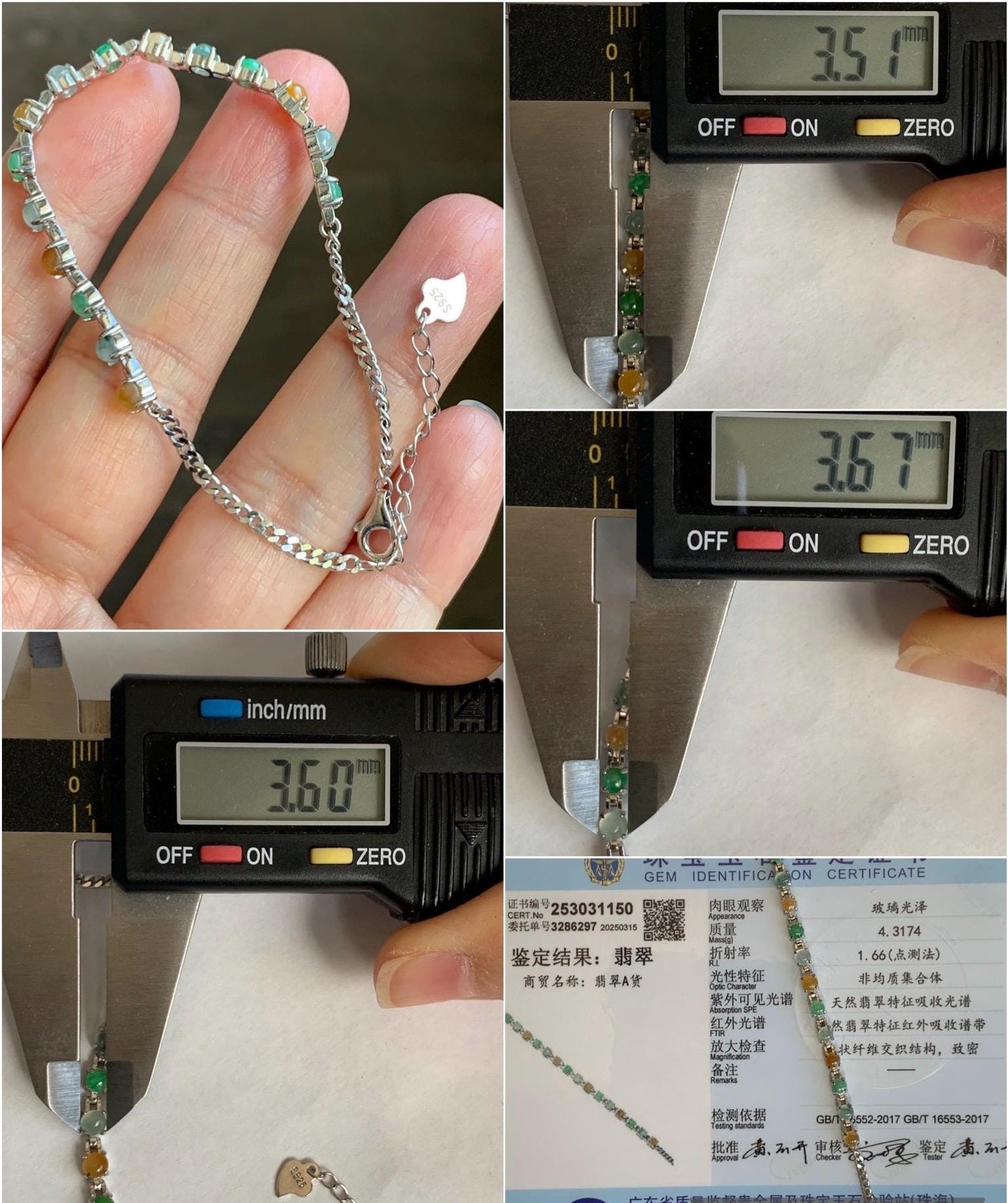 Certified Natural Grade A Icy Translucent Multicolored Jadeite Link Chain Style Bracelet Sterling Silver 6.25”-7.5” 4.3g 天然冰多宝翡翠银镶手链 1150