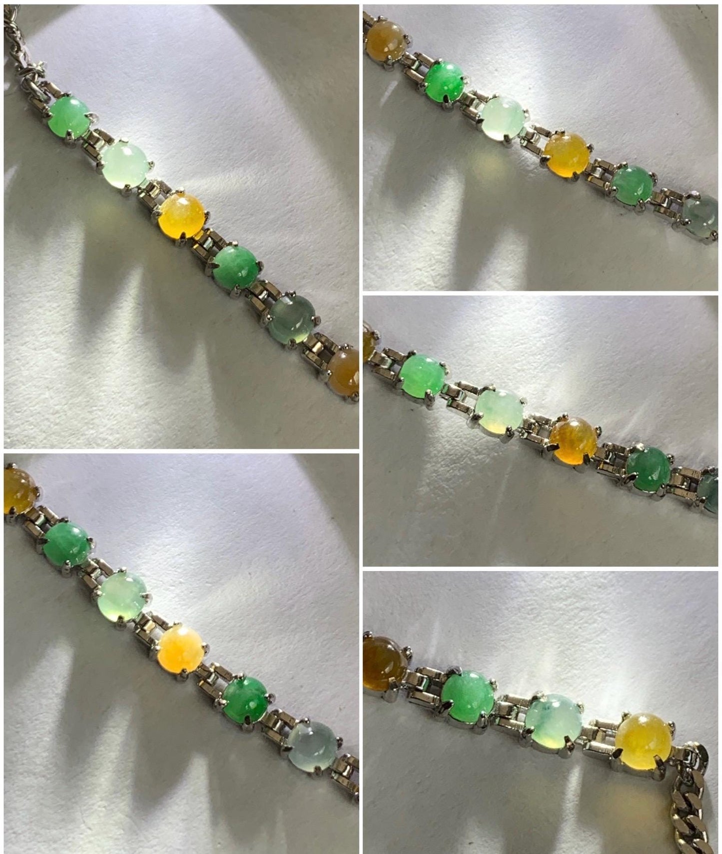 Certified Natural Grade A Icy Translucent Multicolored Jadeite Link Chain Style Bracelet Sterling Silver 6.25”-7.5” 4.3g 天然冰多宝翡翠银镶手链 1150