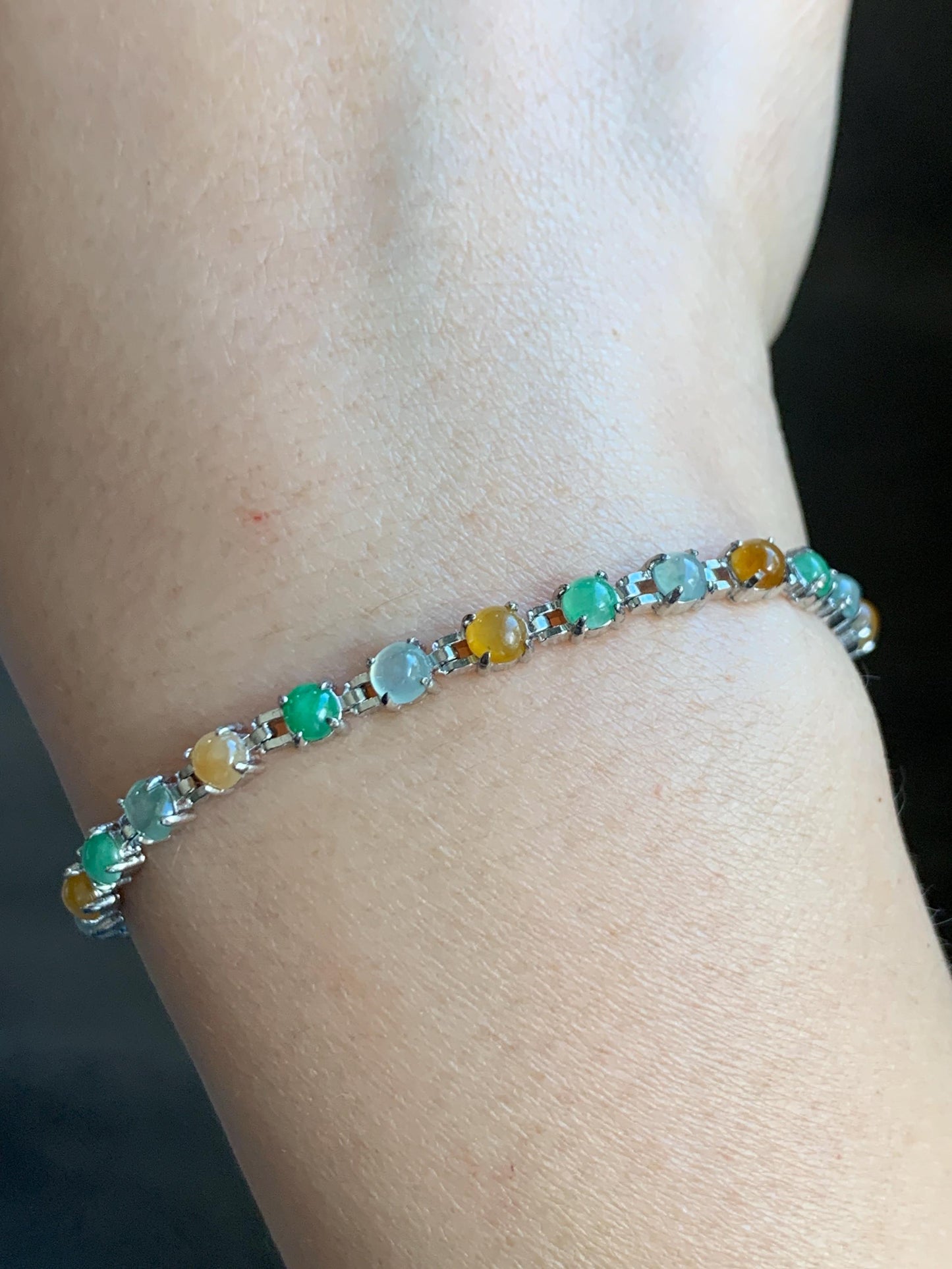 Certified Natural Grade A Icy Translucent Multicolored Jadeite Link Chain Style Bracelet Sterling Silver 6.25”-7.5” 4.3g 天然冰多宝翡翠银镶手链 1150