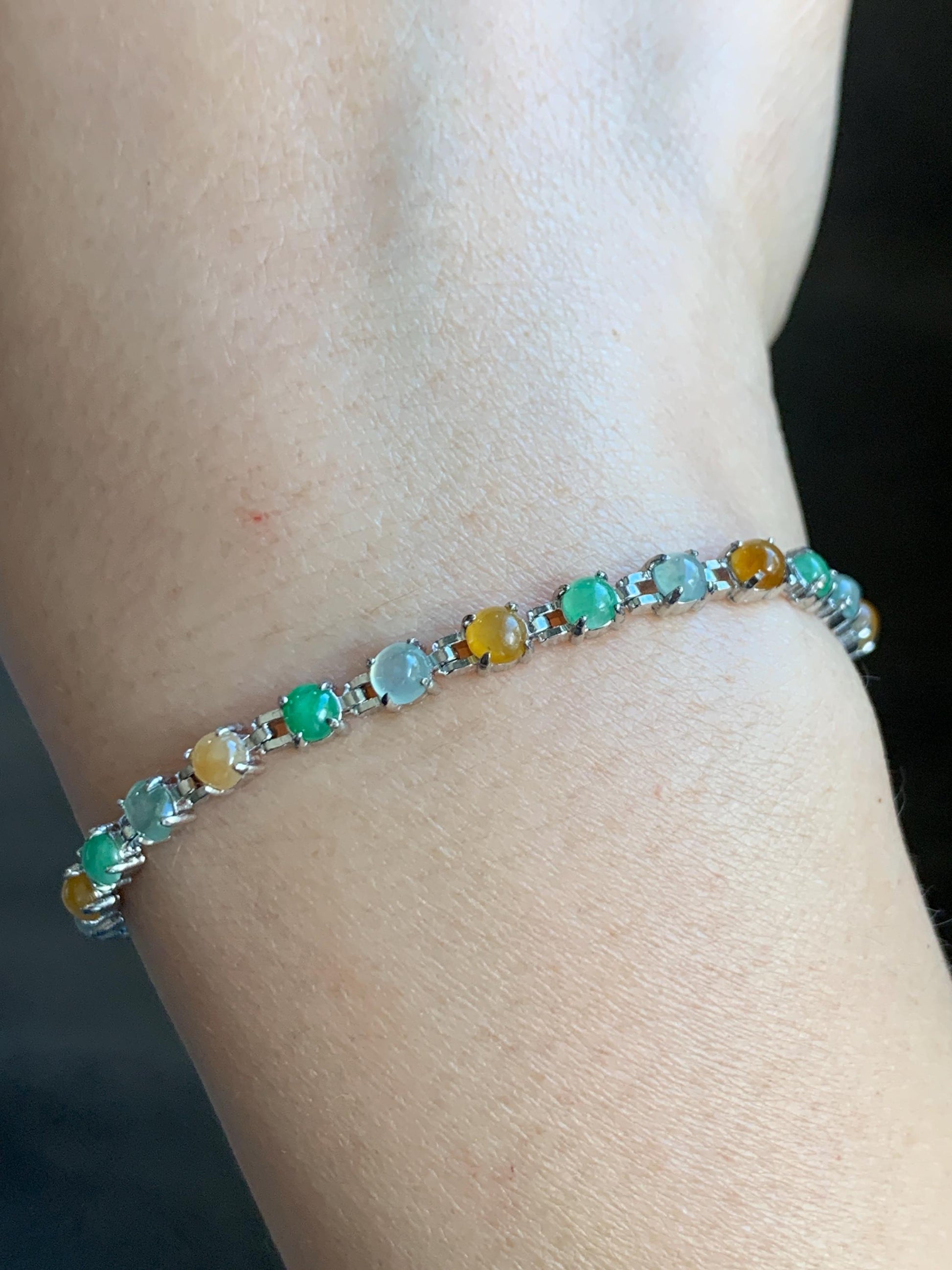 Certified Natural Grade A Icy Translucent Multicolored Jadeite Link Chain Style Bracelet Sterling Silver 6.25”-7.5” 4.3g 天然冰多宝翡翠银镶手链 1150