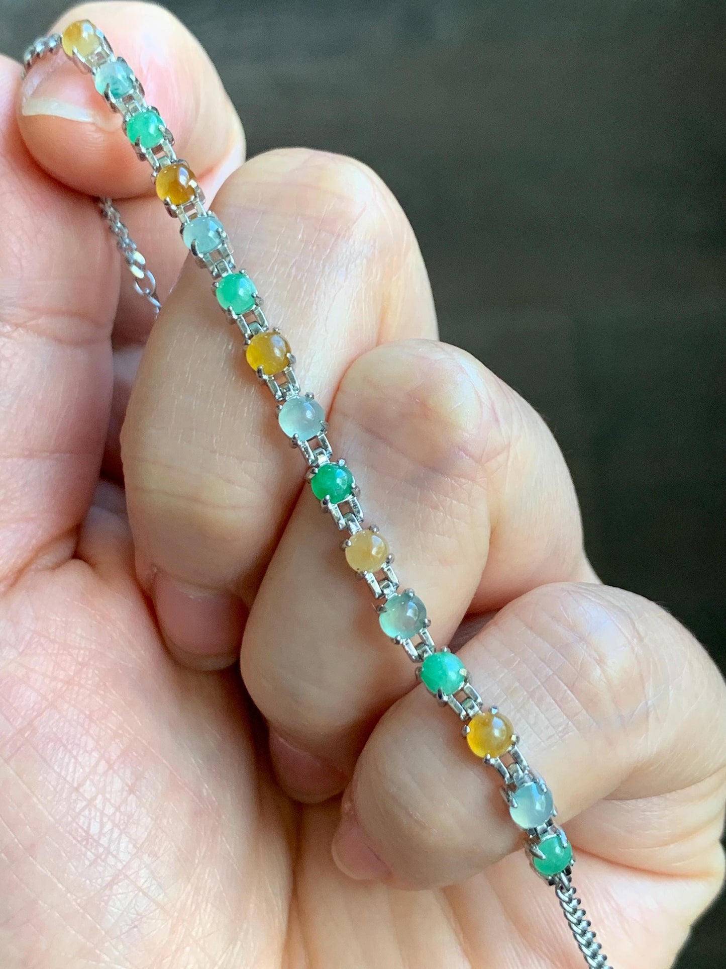 Certified Natural Grade A Icy Translucent Multicolored Jadeite Link Chain Style Bracelet Sterling Silver 6.25”-7.5” 4.3g 天然冰多宝翡翠银镶手链 1150