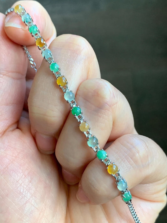 Certified Natural Grade A Icy Translucent Multicolored Jadeite Link Chain Style Bracelet Sterling Silver 6.25”-7.5” 4.3g 天然冰多宝翡翠银镶手链 1150