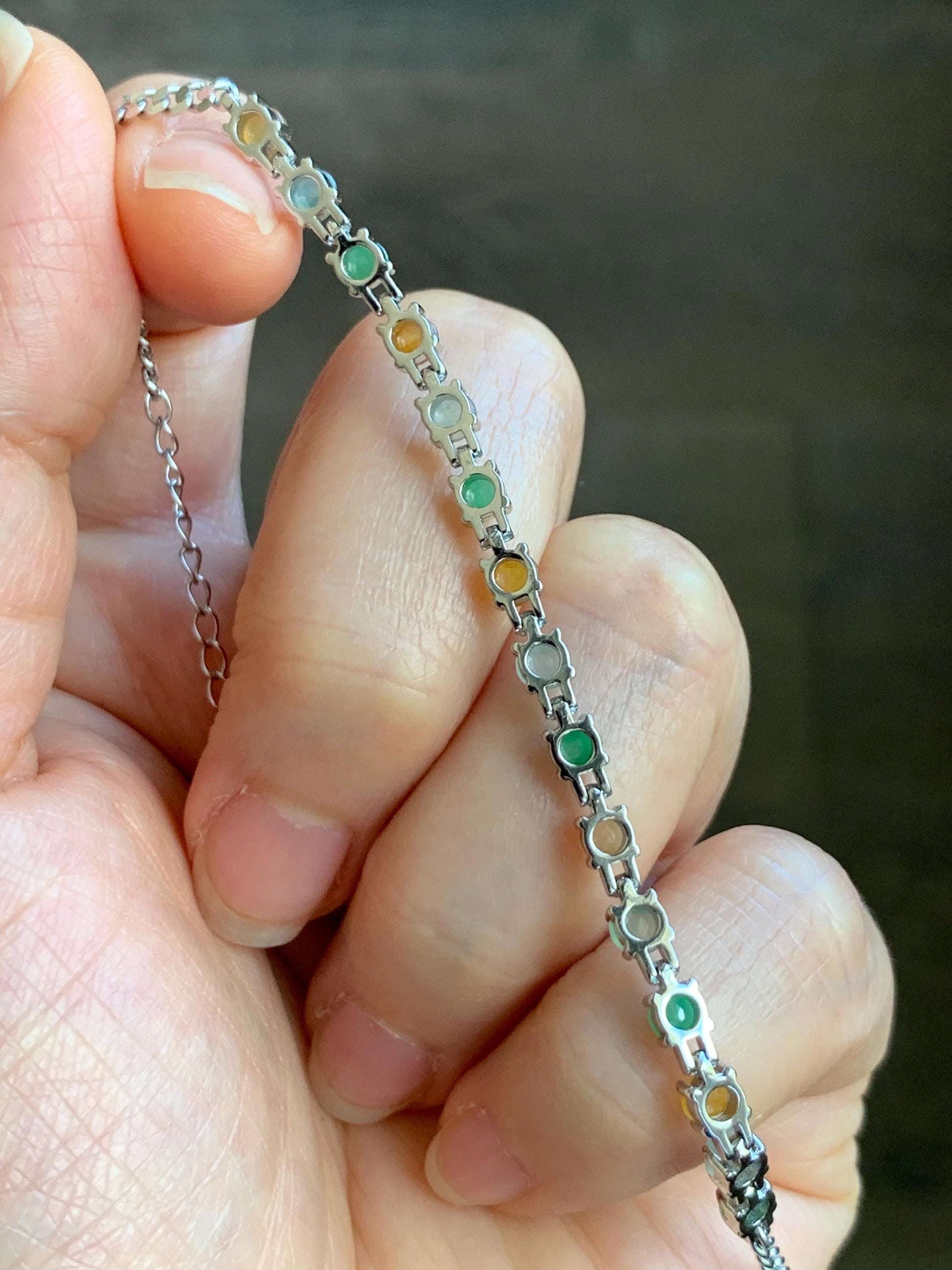 Certified Natural Grade A Icy Translucent Multicolored Jadeite Link Chain Style Bracelet Sterling Silver 6.25”-7.5” 4.3g 天然冰多宝翡翠银镶手链 1150