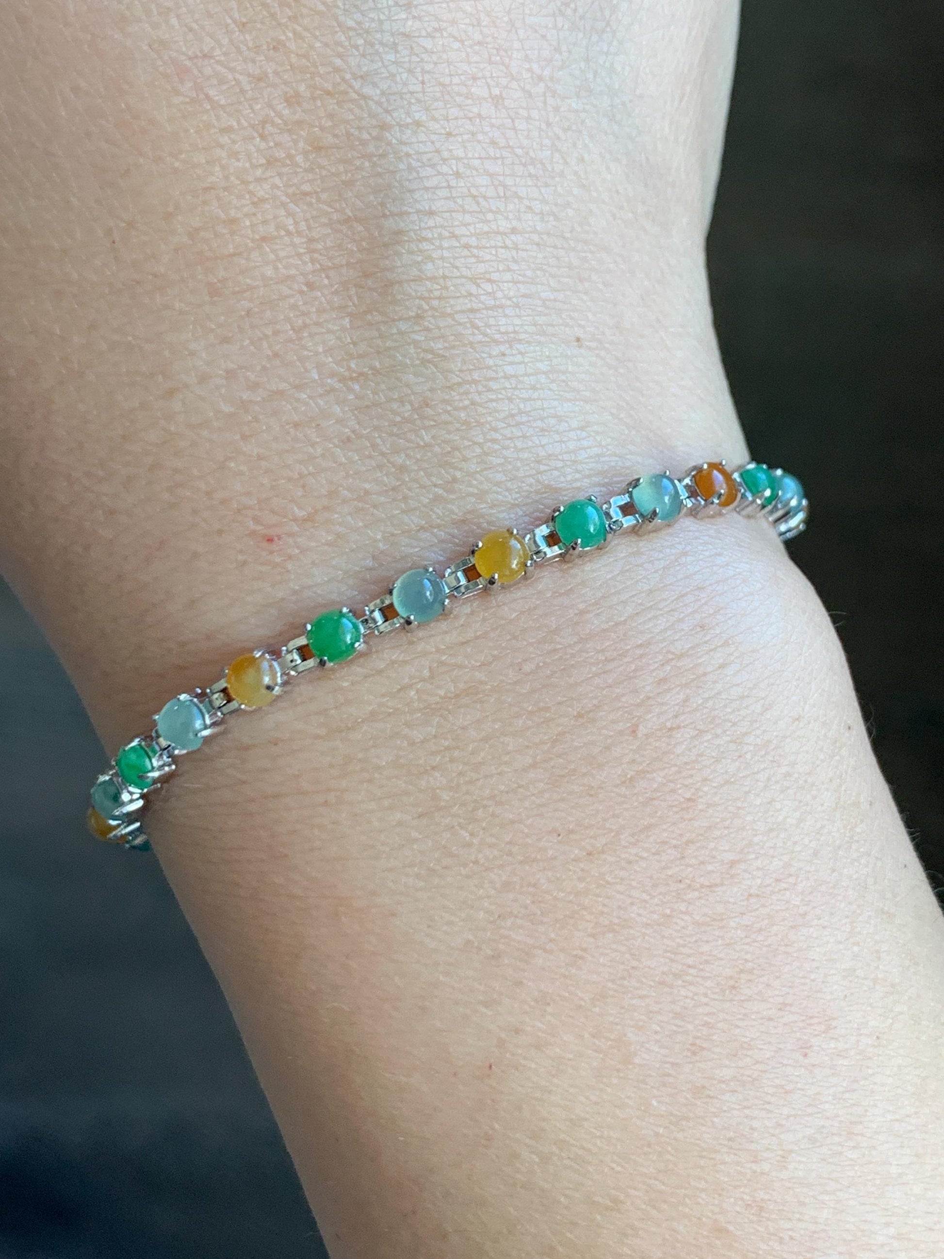 Certified Natural Grade A Icy Translucent Multicolored Jadeite Link Chain Style Bracelet Sterling Silver 6.25”-7.5” 4.3g 天然冰多宝翡翠银镶手链 1151