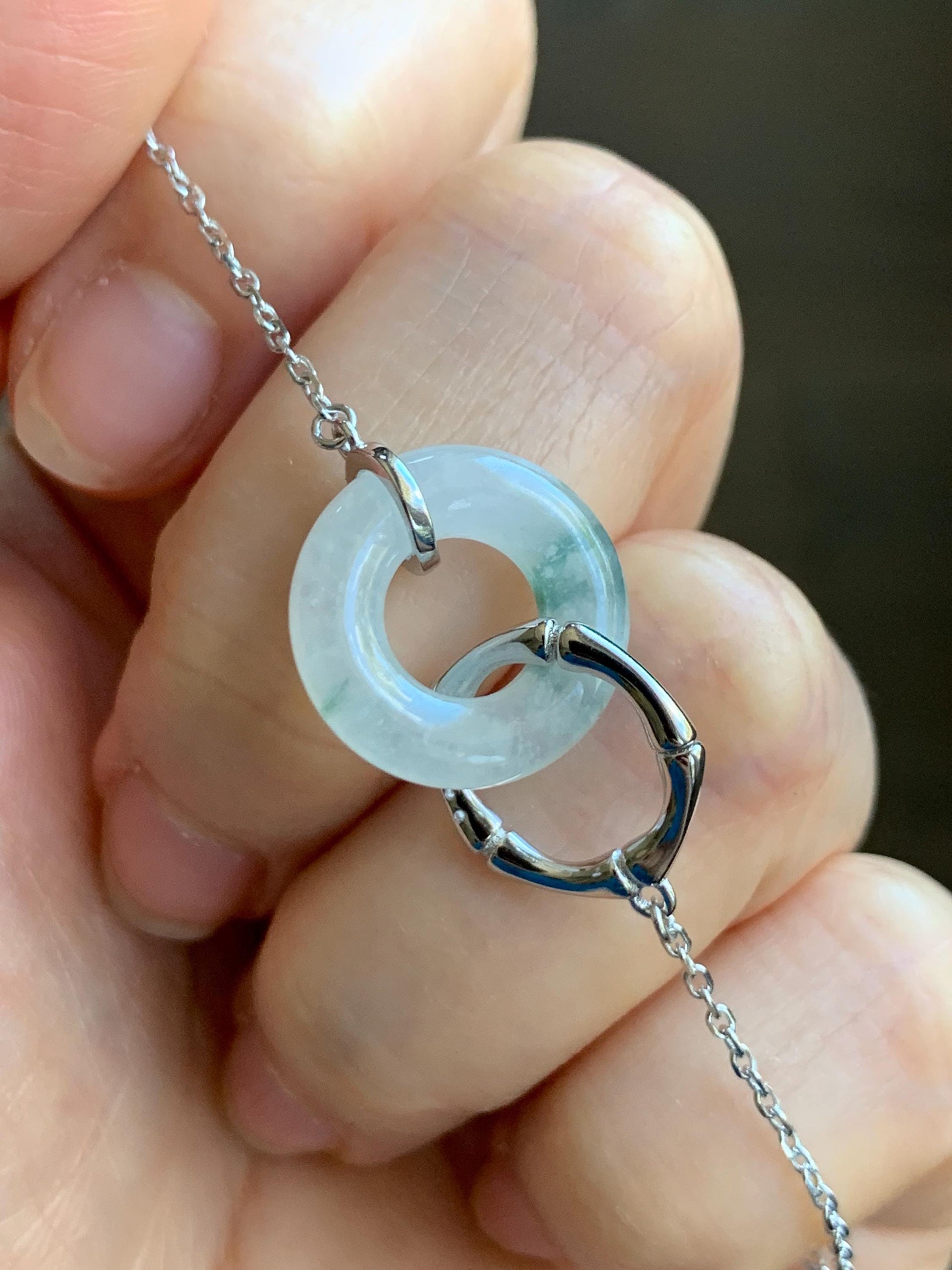 Natural Grade A Icy Translucent Green Marbled White Jadeite Mini Ping An Kou Donut Necklace Sterling Silver 16”-18” 天然白冰飘花翡翠迷你平安扣锁骨链 PHP132