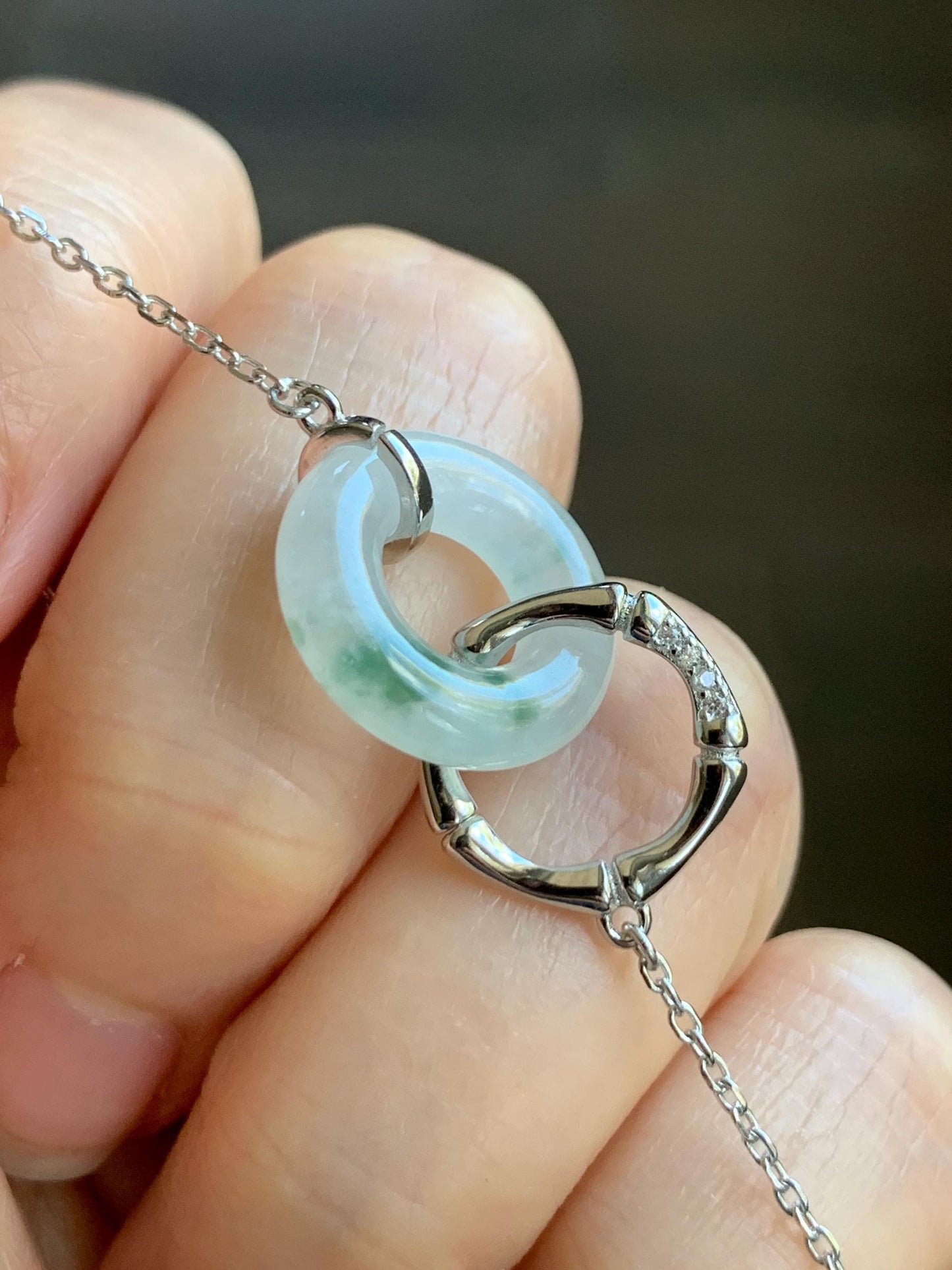 Natural Grade A Icy Translucent Green Marbled White Jadeite Mini Ping An Kou Donut Necklace Sterling Silver 16”-18” 天然白冰飘花翡翠迷你平安扣锁骨链 PHP132