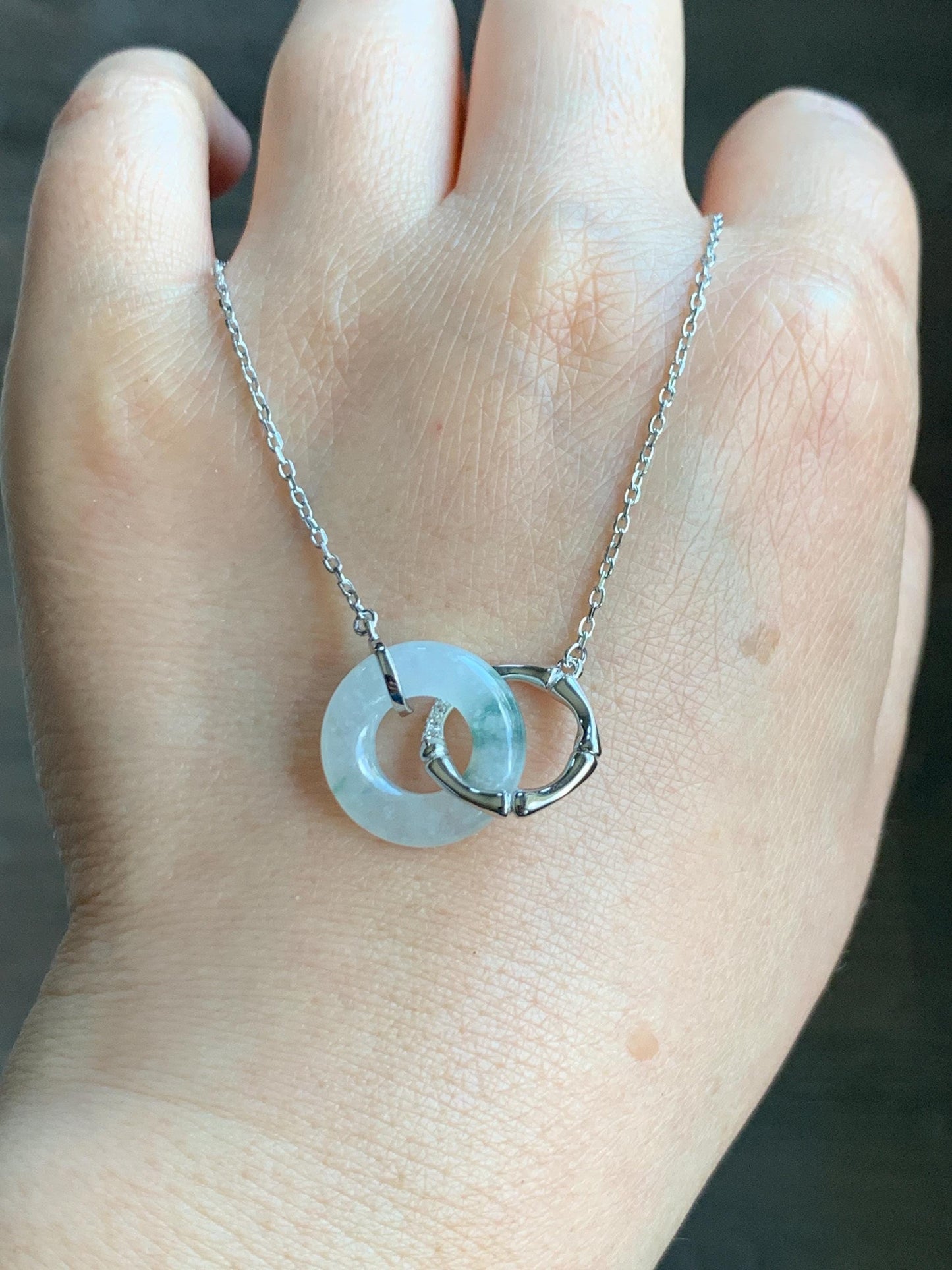 Natural Grade A Icy Translucent Green Marbled White Jadeite Mini Ping An Kou Donut Necklace Sterling Silver 16”-18” 天然白冰飘花翡翠迷你平安扣锁骨链 PHP132