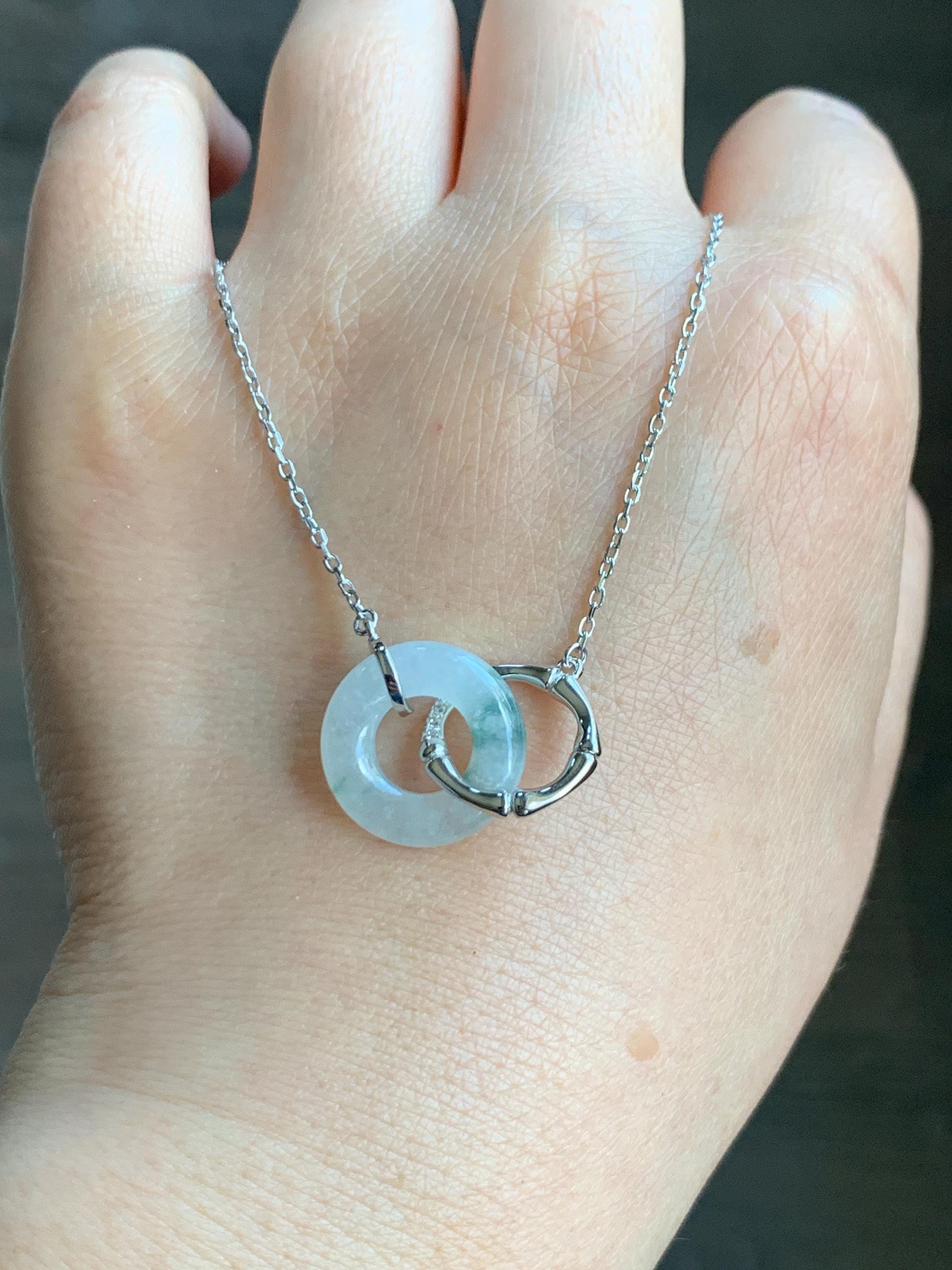 Natural Grade A Icy Translucent Green Marbled White Jadeite Mini Ping An Kou Donut Necklace Sterling Silver 16”-18” 天然白冰飘花翡翠迷你平安扣锁骨链 PHP132